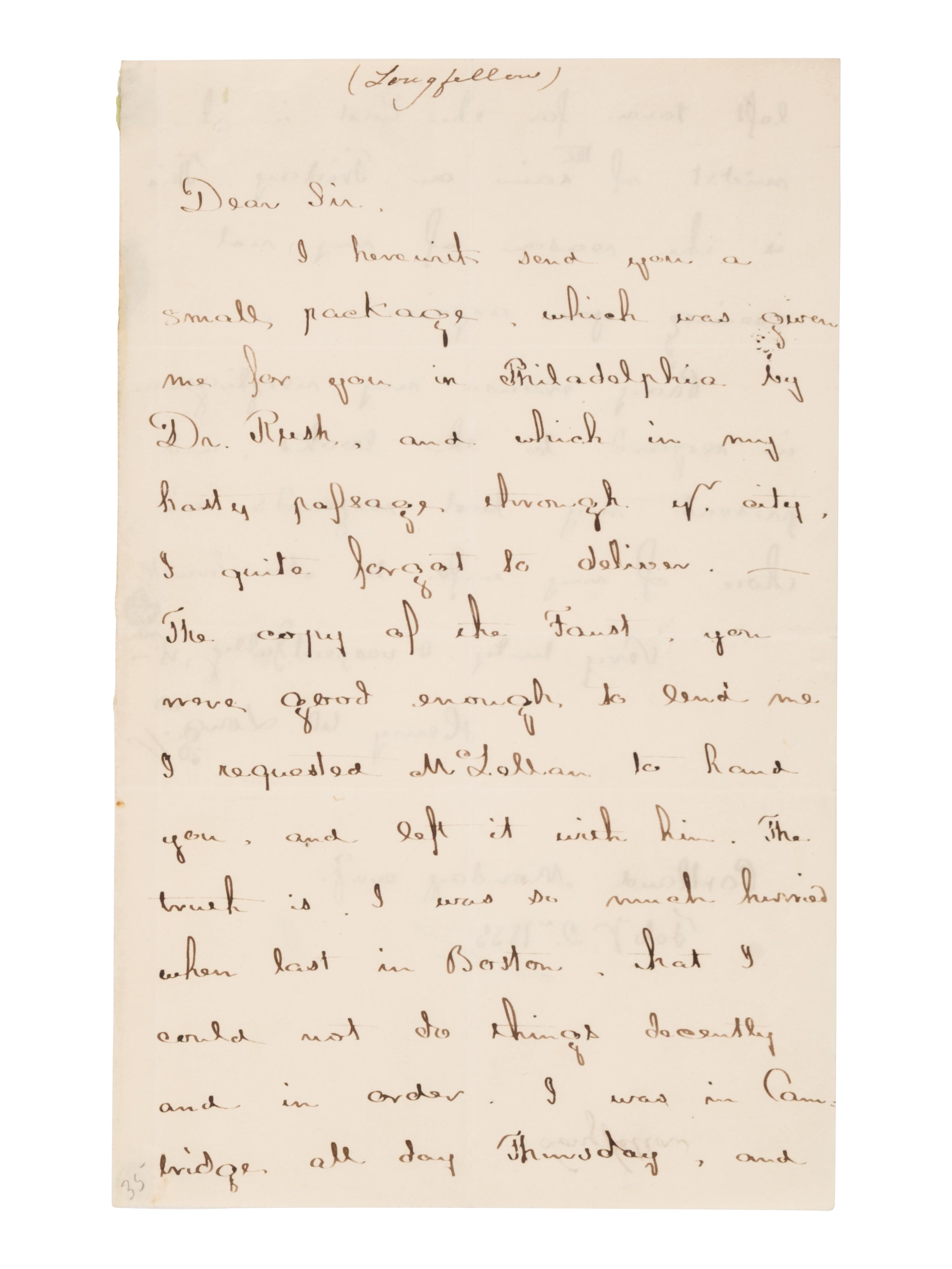 [Literature] Longfellow, Henry Wadsworth . Autograph Letter, signed
