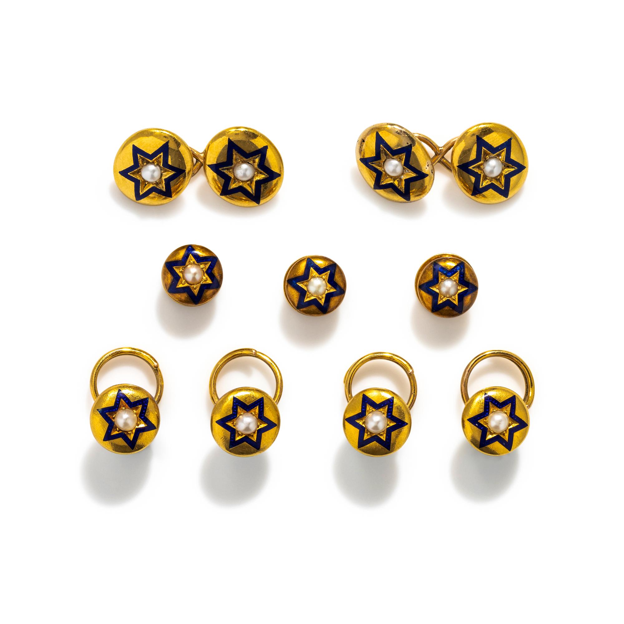 YELLOW GOLD, ENAMEL AND CULTURED PEARL DRESS SET