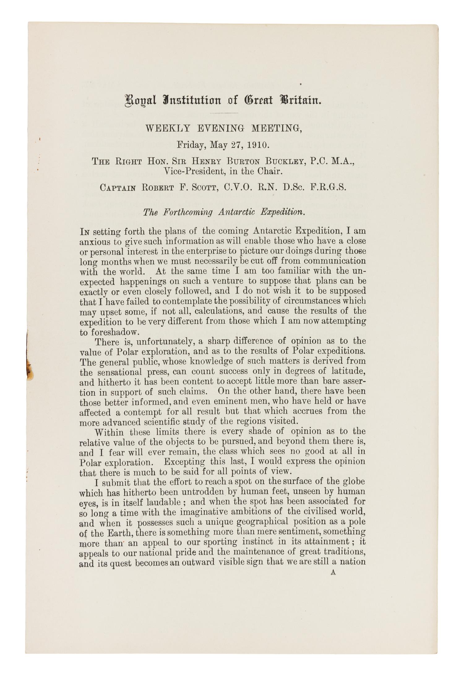 SCOTT, Robert Falcon, (1868-1912). The Forthcoming Antarctic Expedition. [London], 1910. FIRST EDITION, UNKNOWN TO BIBLIOGRAPHERS.
