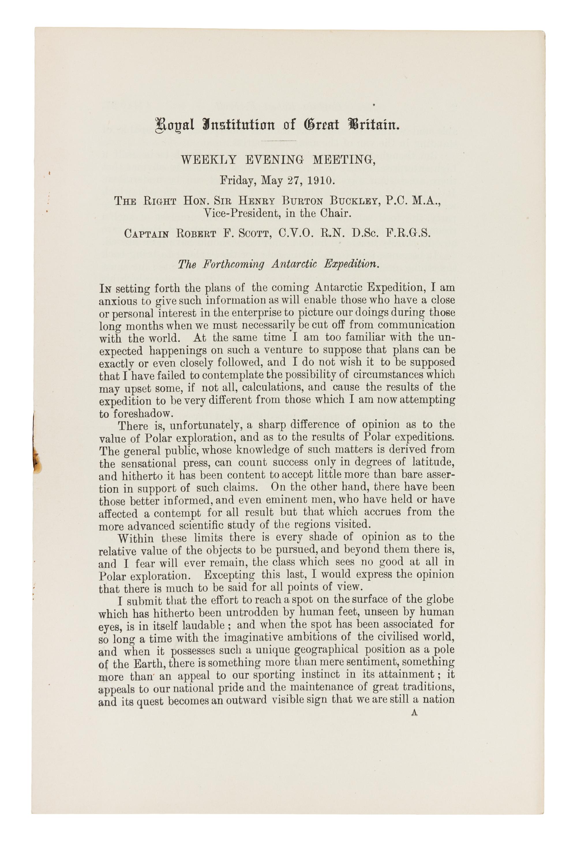 SCOTT, Robert Falcon, (1868-1912). The Forthcoming Antarctic Expedition. [London], 1910. FIRST EDITION, UNKNOWN TO BIBLIOGRAPHERS.
