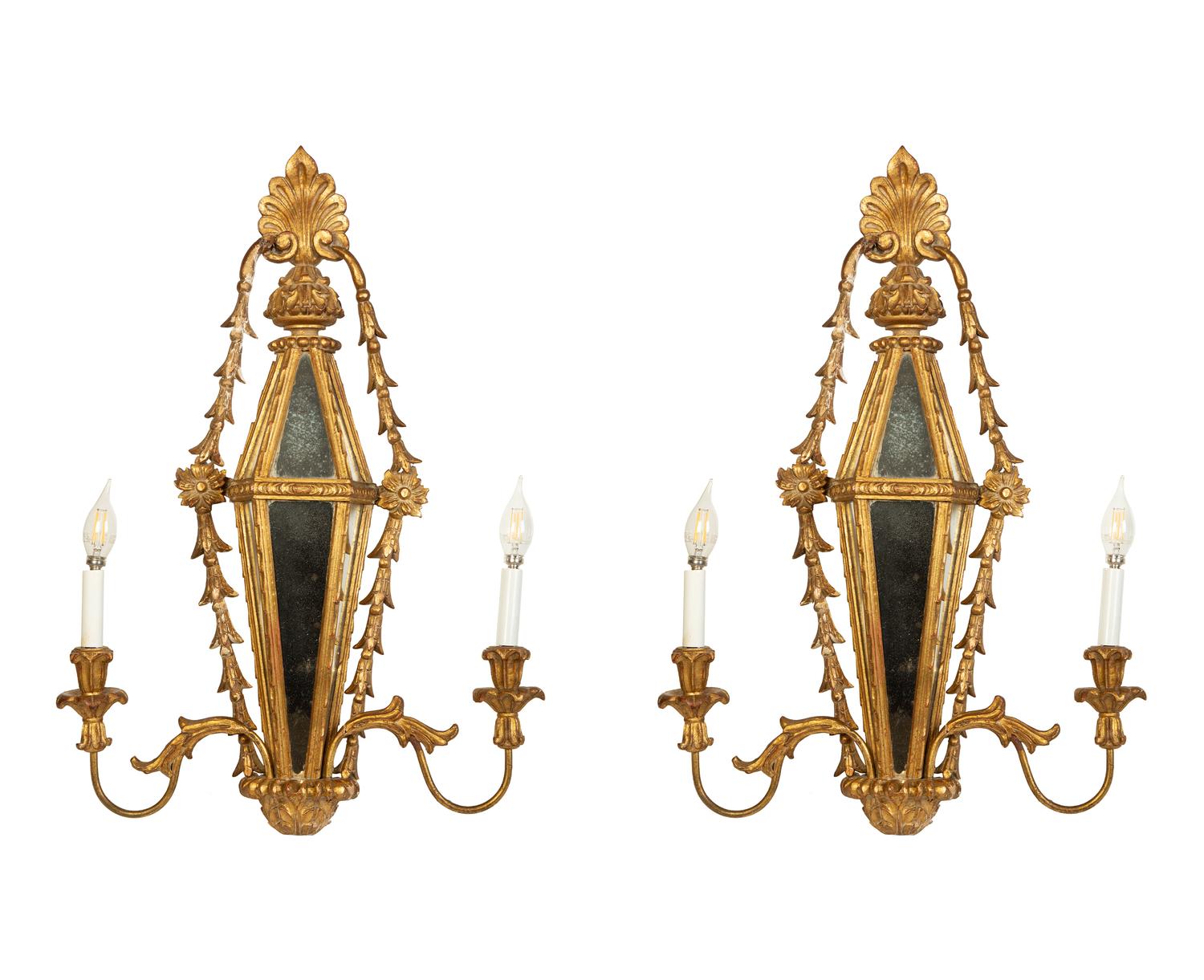 A Pair of Italian Giltwood Two-Light Sconces