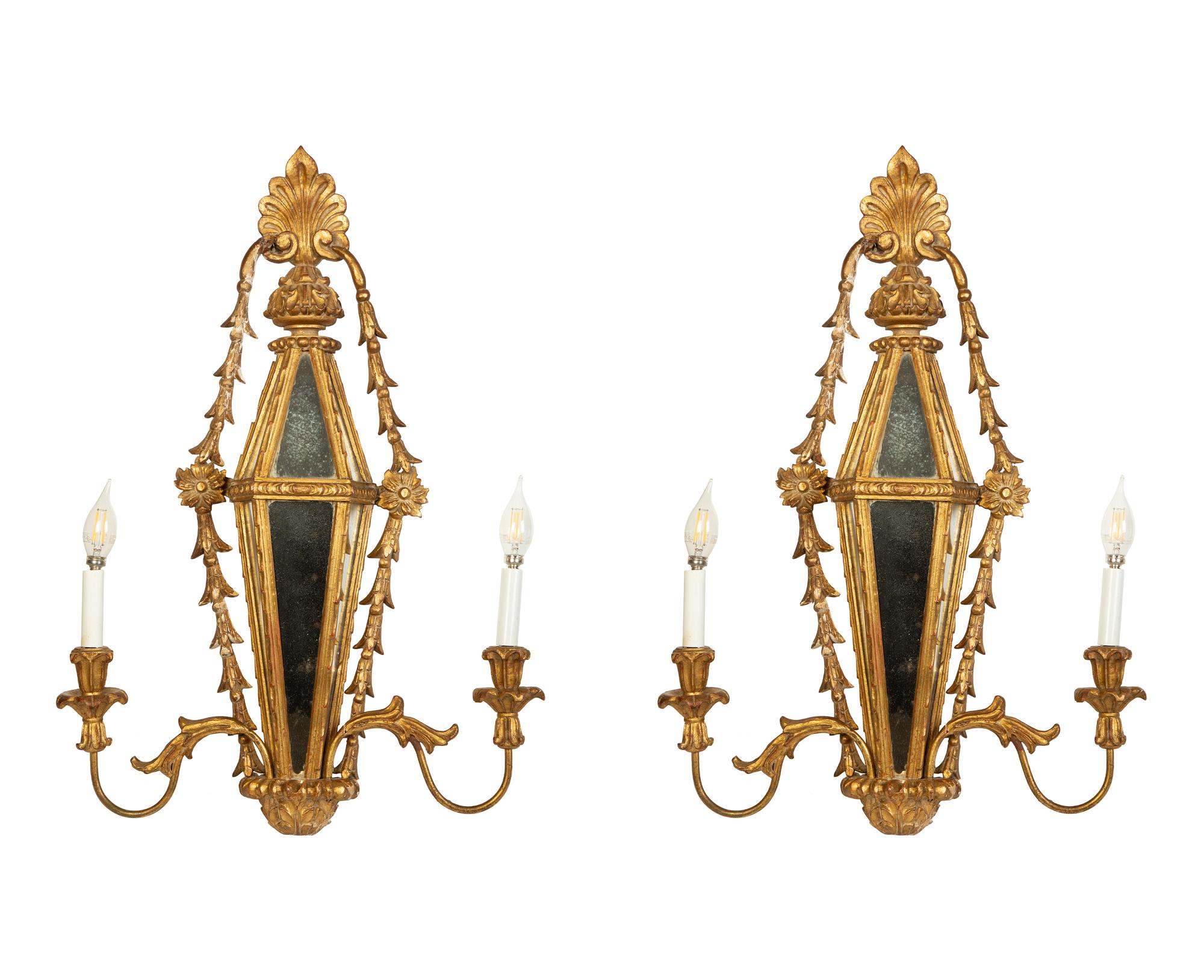 A Pair of Italian Giltwood Two-Light Sconces
