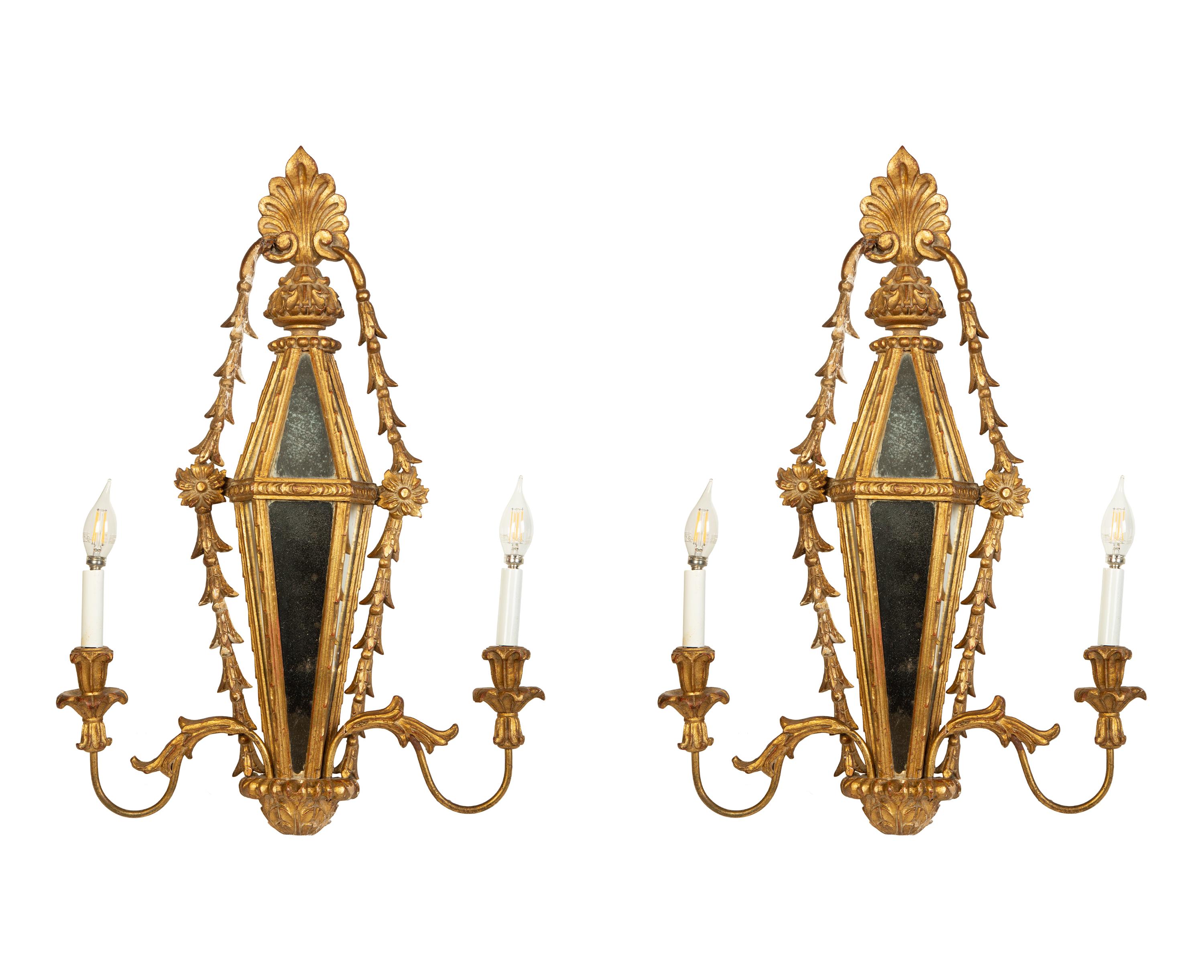 A Pair of Italian Giltwood Two-Light Sconces