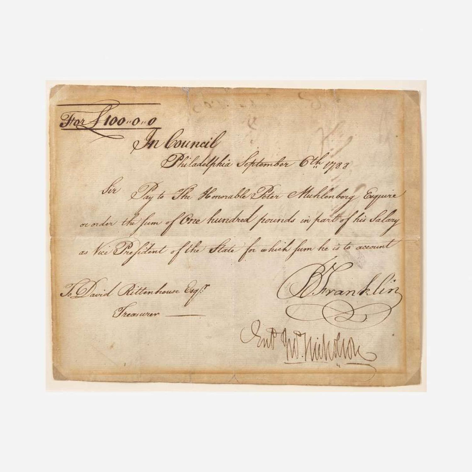 [Americana] Franklin, Benjamin Manuscript Document, signed