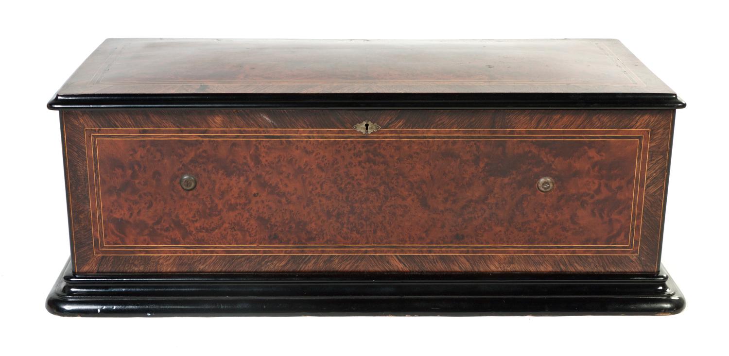 A Swiss Birdseye Maple, Rosewood and Ebonized Interchangeable Cylinder Music Box, G. Baker-Troll & Co., Width of case overall 36 1/2 in