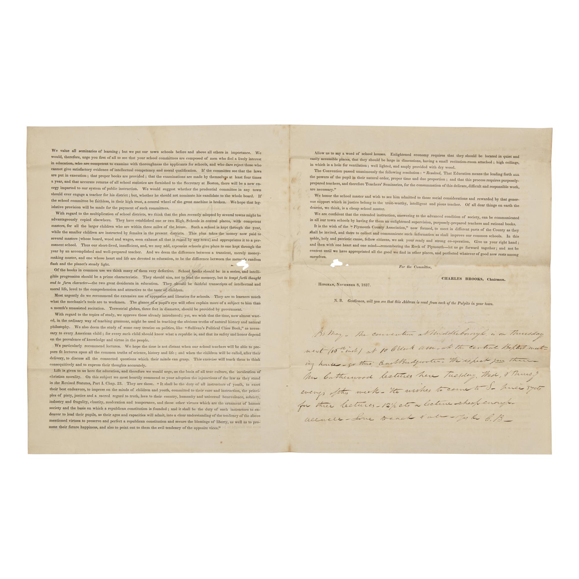 [Education] Brooks, Charles and Catherwood, Frederick. Printed Education Circular, with a Short Autograph Note