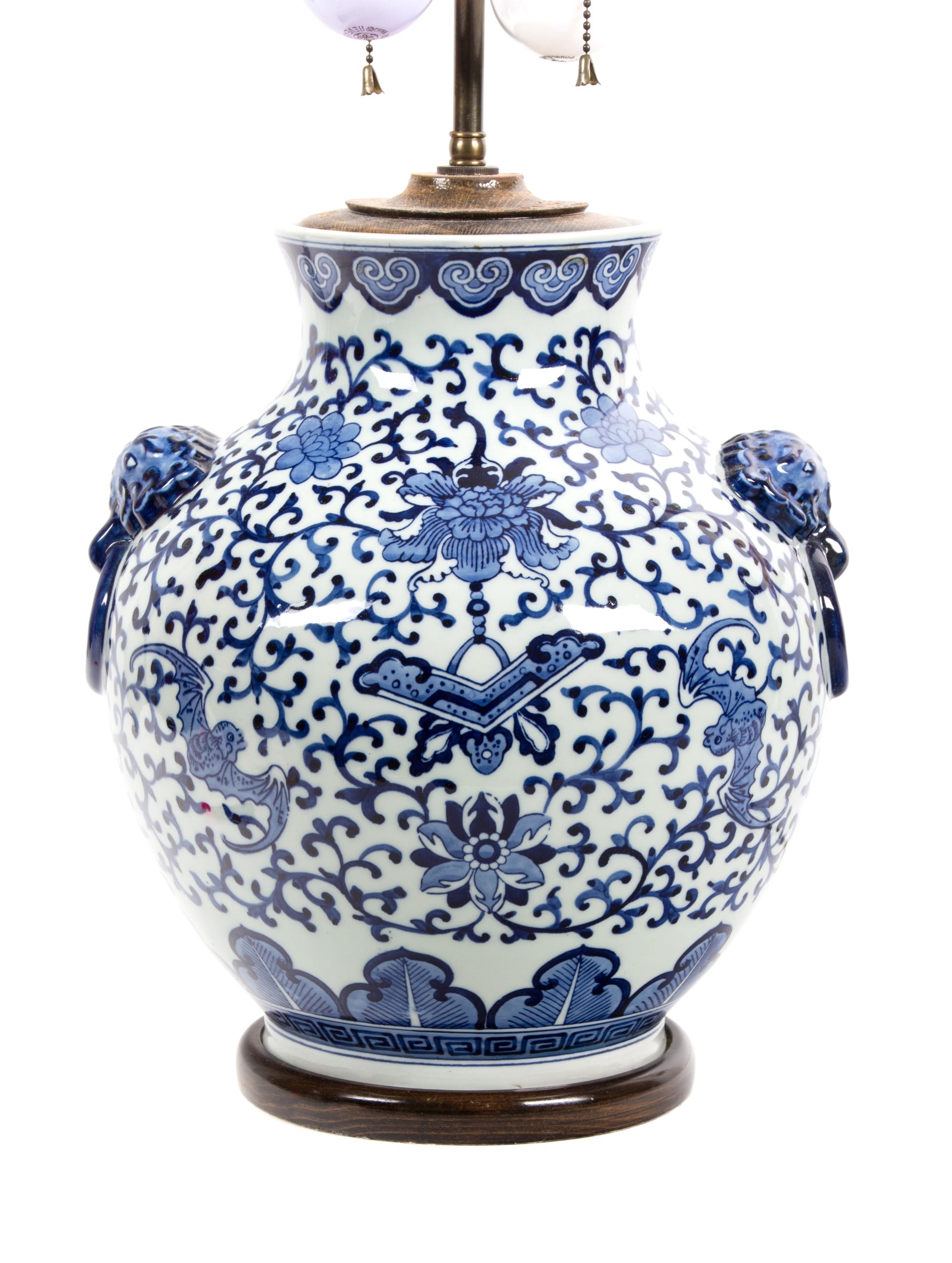 A Pair of Chinese Export Blue and White Porcelain Table Lamps Height overall 29 1/2 inches. — 20TH CENTURY