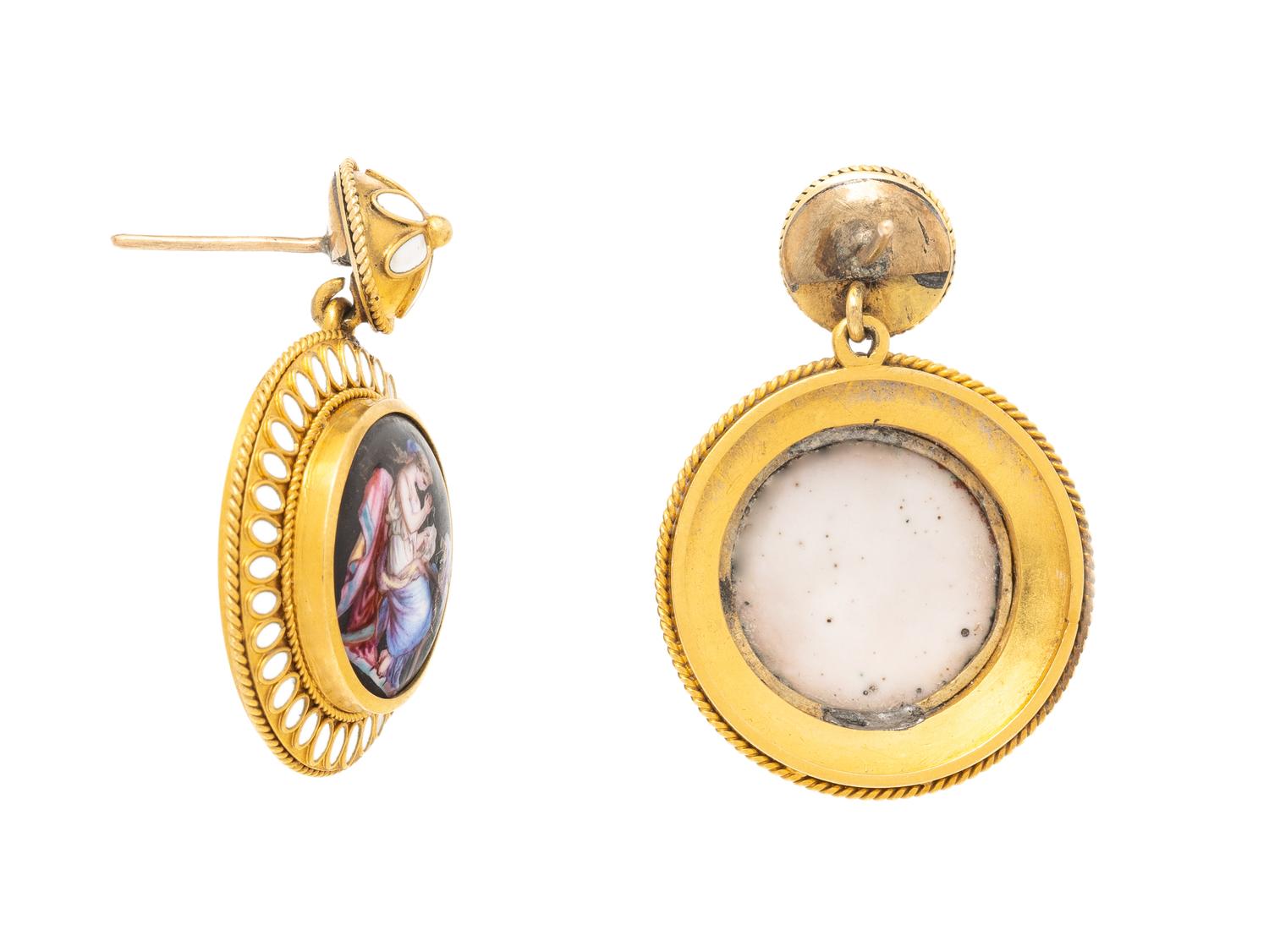ANTIQUE, YELLOW GOLD, PAINTED PORCELAIN, AND ENAMEL EARRINGS
