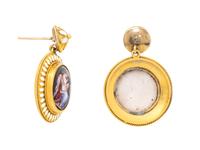 ANTIQUE, YELLOW GOLD, PAINTED PORCELAIN, AND ENAMEL EARRINGS