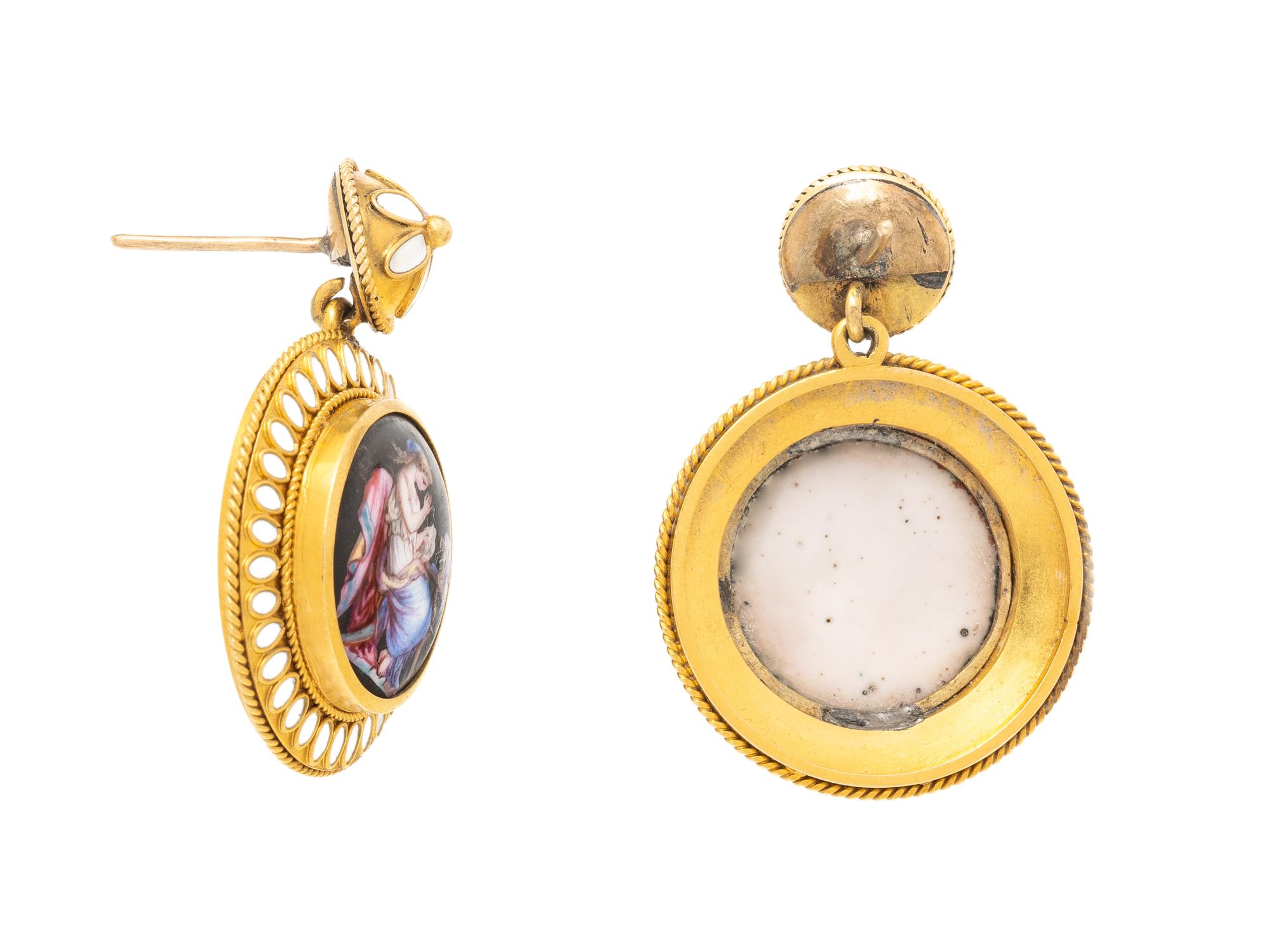 ANTIQUE, YELLOW GOLD, PAINTED PORCELAIN, AND ENAMEL EARRINGS