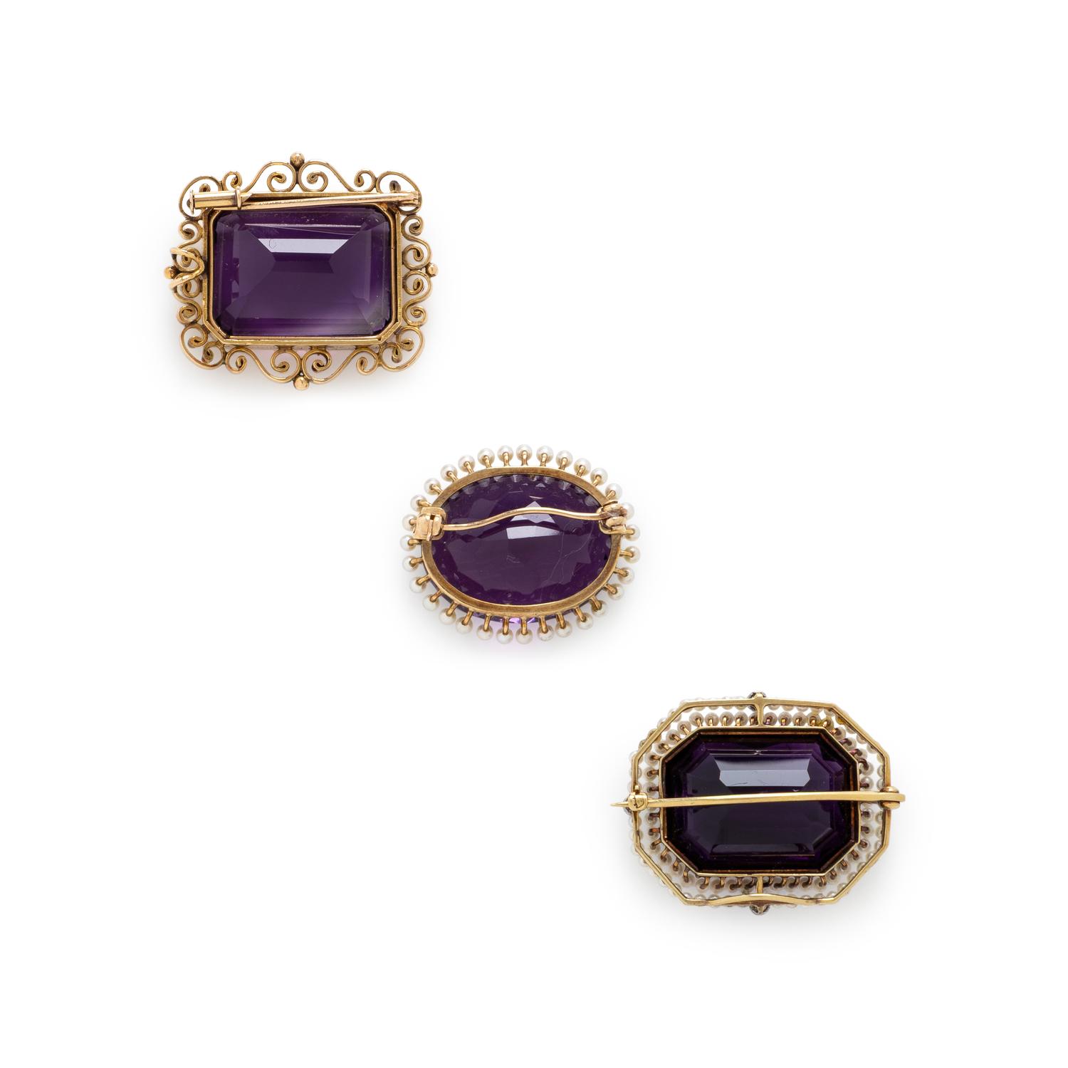 COLLECTION OF AMETHYST AND SEED PEARL BROOCHES