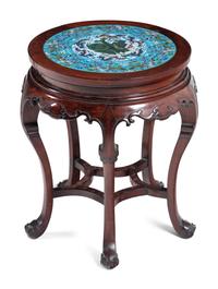 A Matched Pair of Chinese Cloisonné Enamel Inset Hardwood Circular Stands