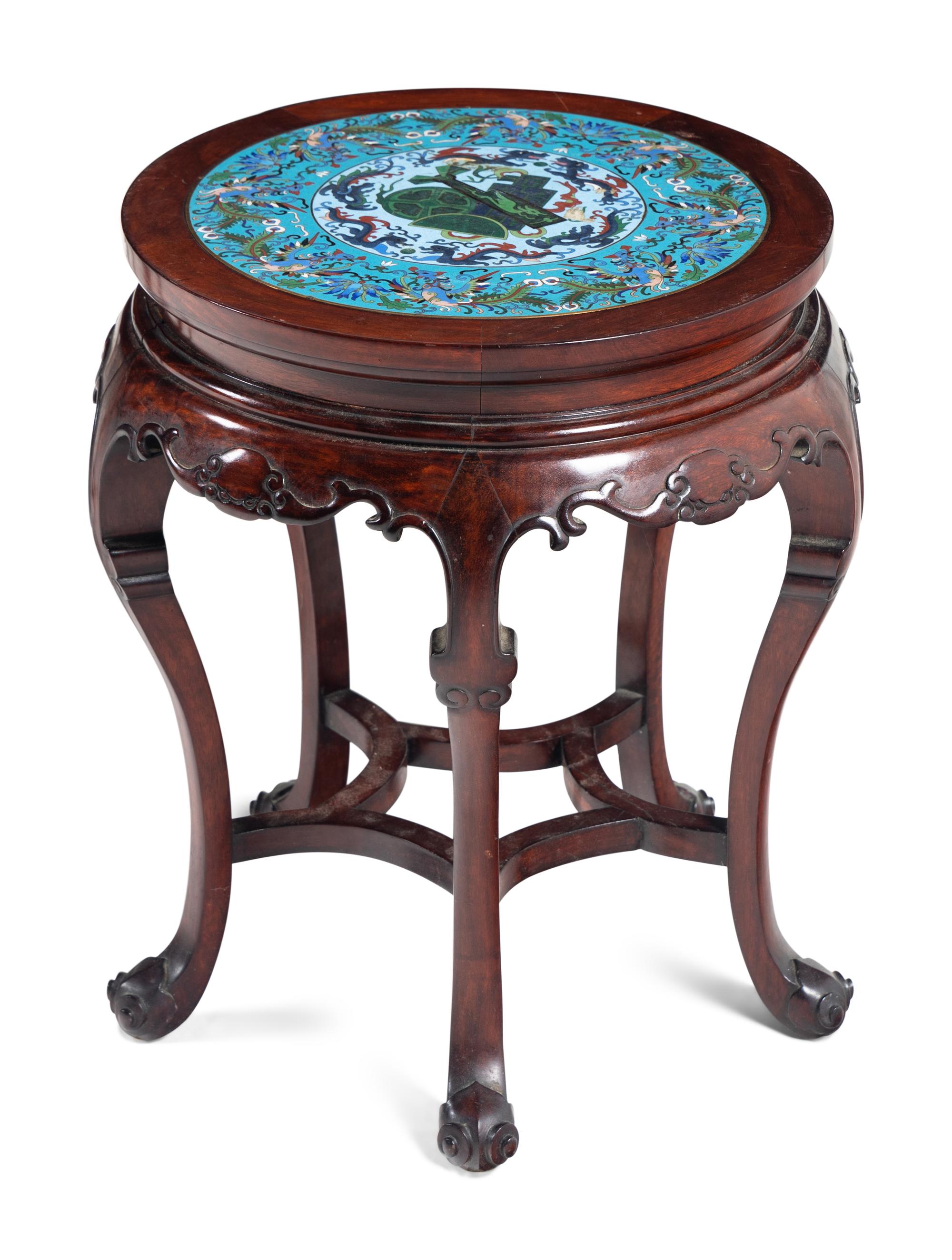 A Matched Pair of Chinese Cloisonné Enamel Inset Hardwood Circular Stands