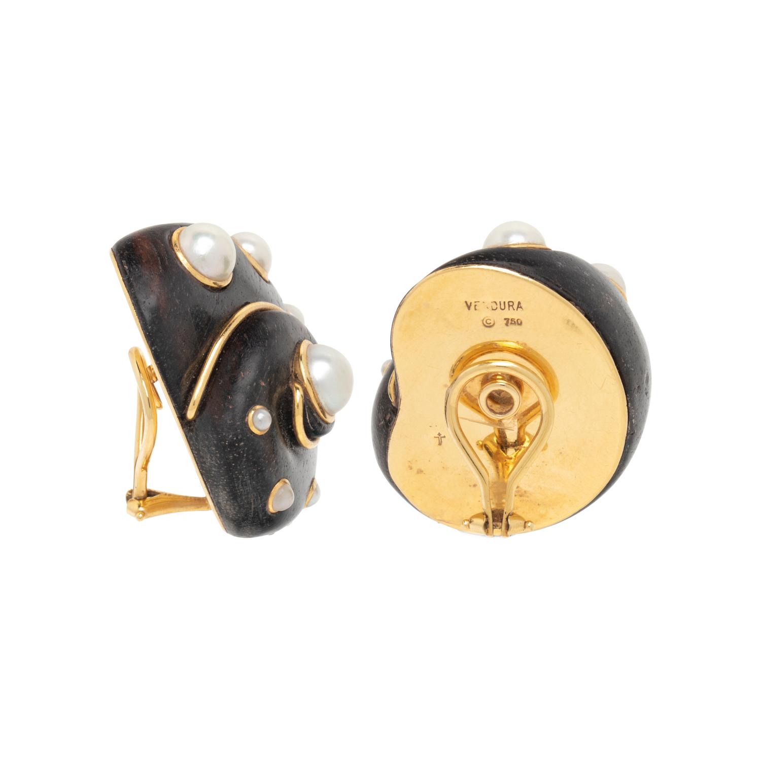 VERDURA, WOOD AND CULTURED PEARL SHELL CLIP EARRINGS