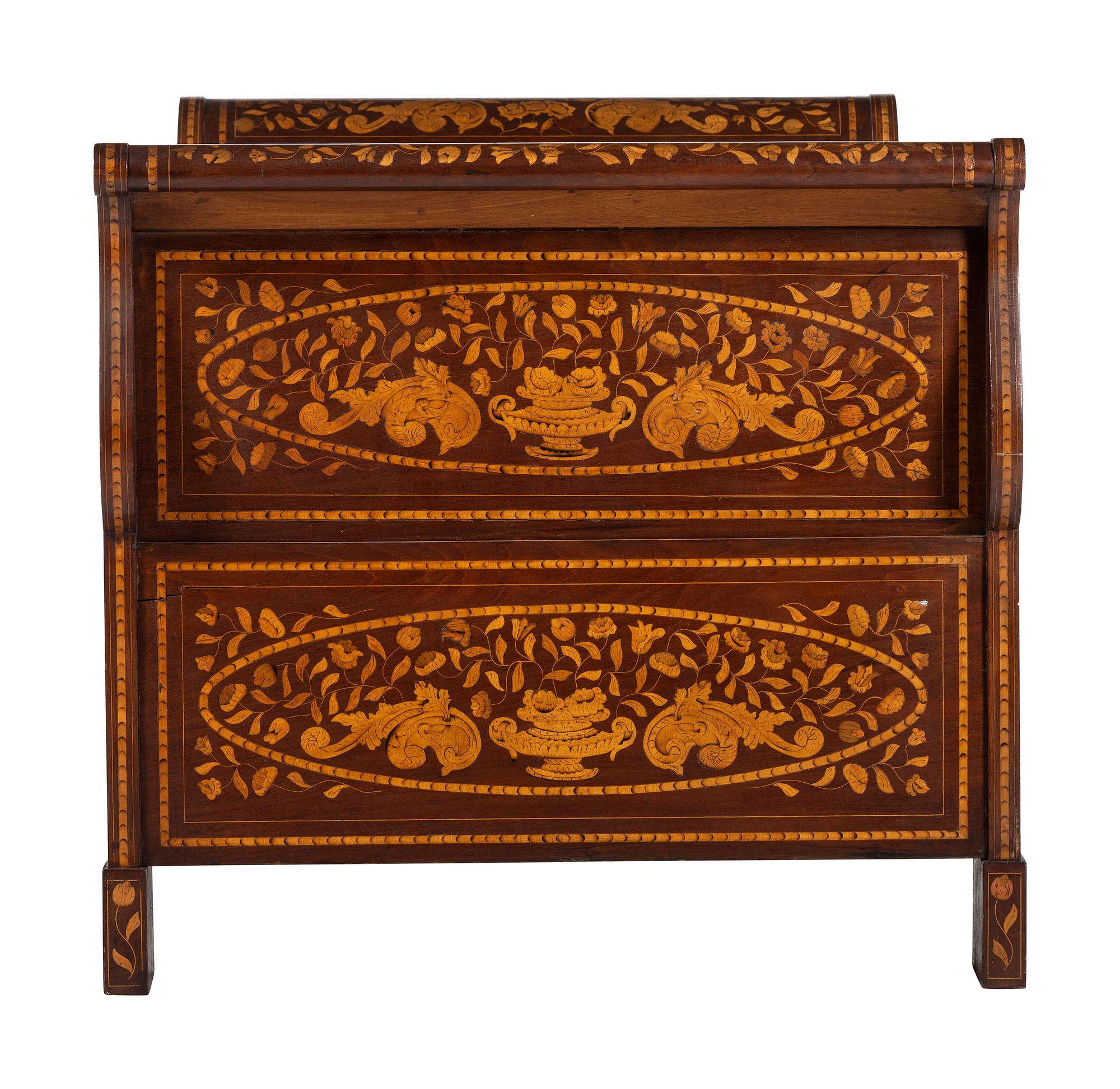 A Dutch Mahogany and Marquetry Sleigh Bed
