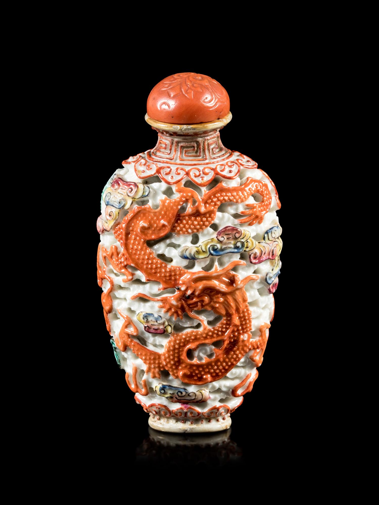 A Molded Iron-Red and Famille Rose Porcelain Snuff Bottle
