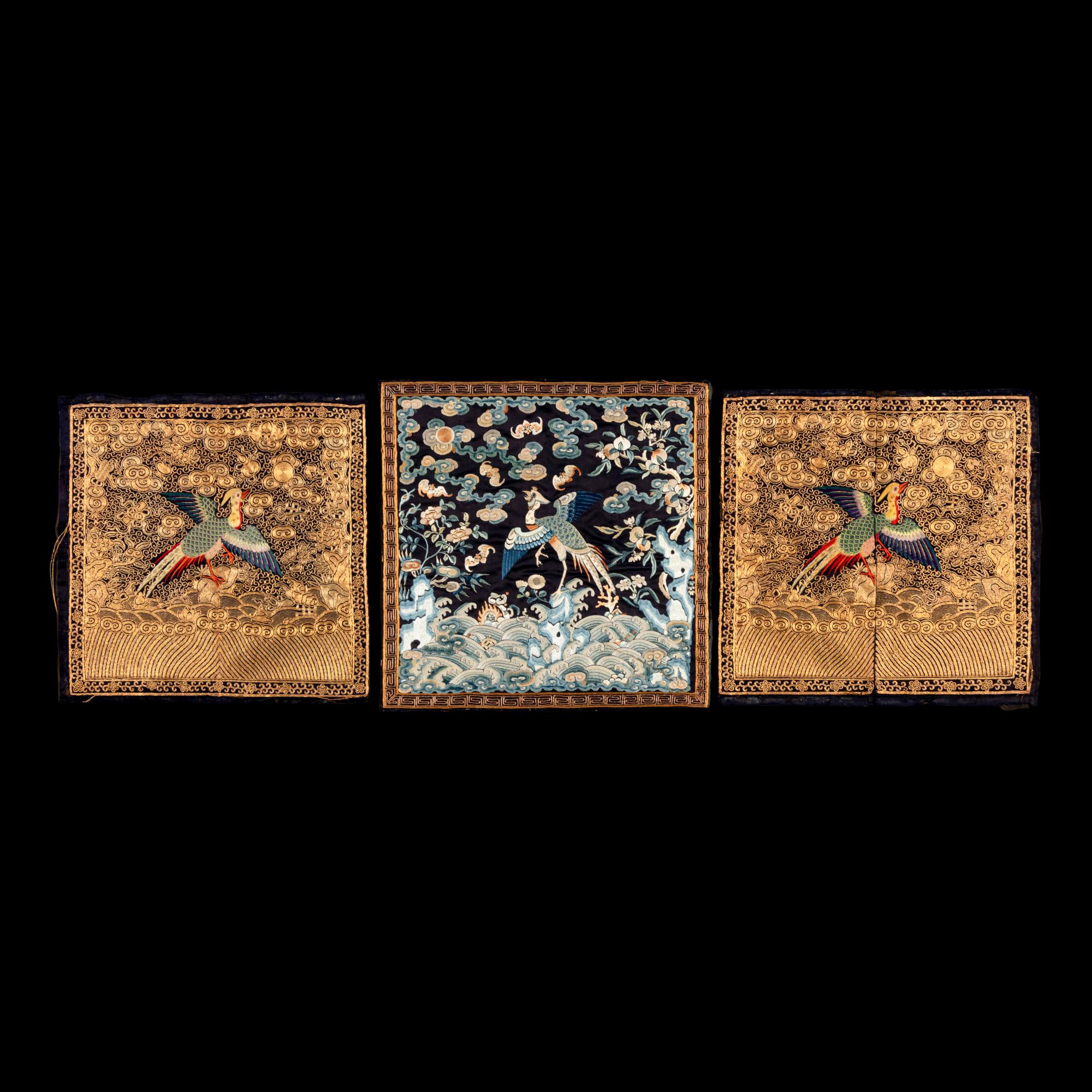 Three Chinese Embroidered Silk 'Pheasant' Civil Official's Rank Badges, Buzi, 19th Century 清中晚期 織綉二品文官錦鷄補子三幅