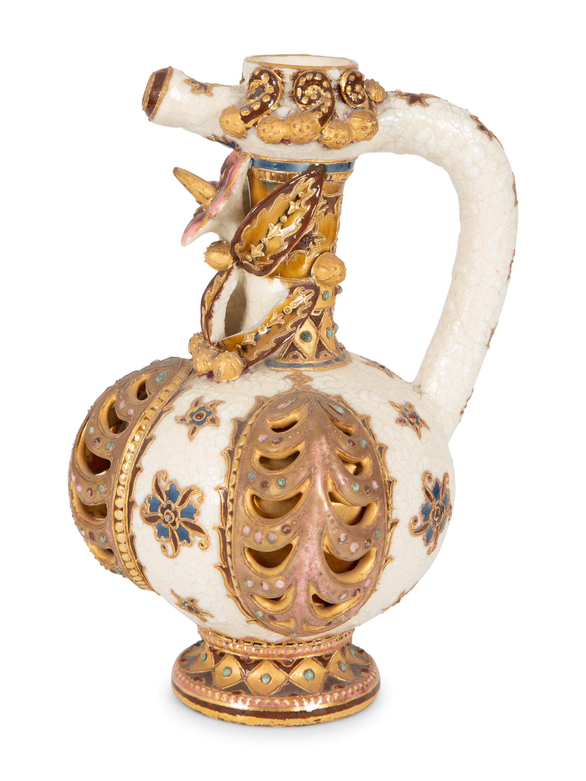 A Continental Polychrome and Gilt-Encrusted Porcelain Ewer — 19TH CENTURY