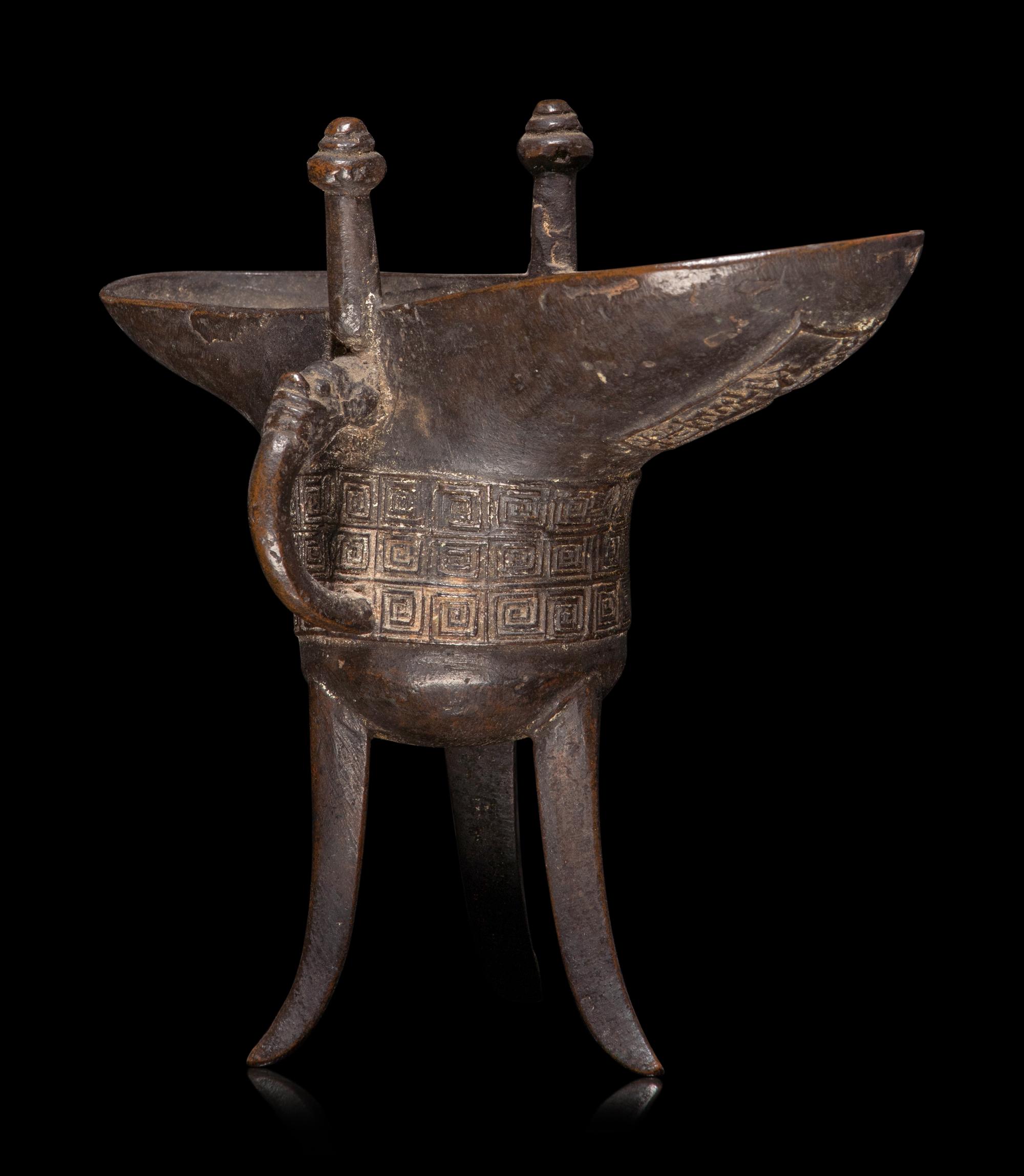 A Chinese Archaistic Style Bronze Libation Cup, Jue