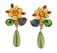 A Pair of Chanel Multicolor Floral Drop Earclips, 4" x 2".