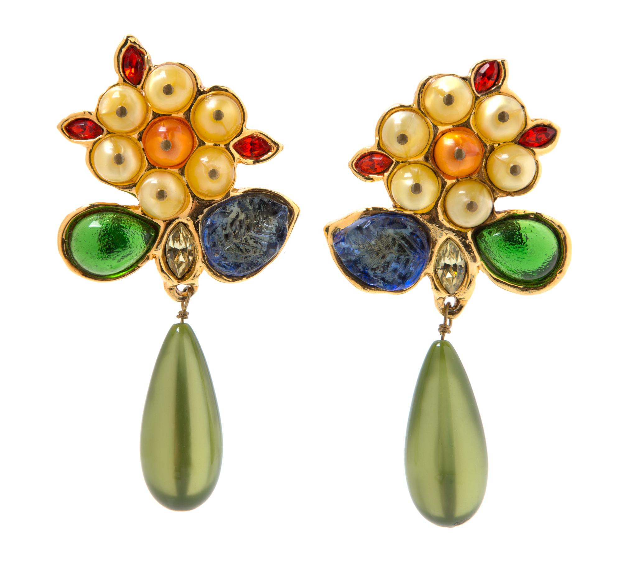 A Pair of Chanel Multicolor Floral Drop Earclips, 4" x 2".