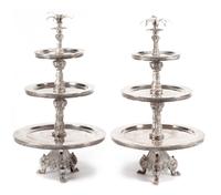 A Pair of Large Silver-Plate Pastry Stands, Likely Italian, 20th Century, each with three graduated circular tiers joined by a foliate