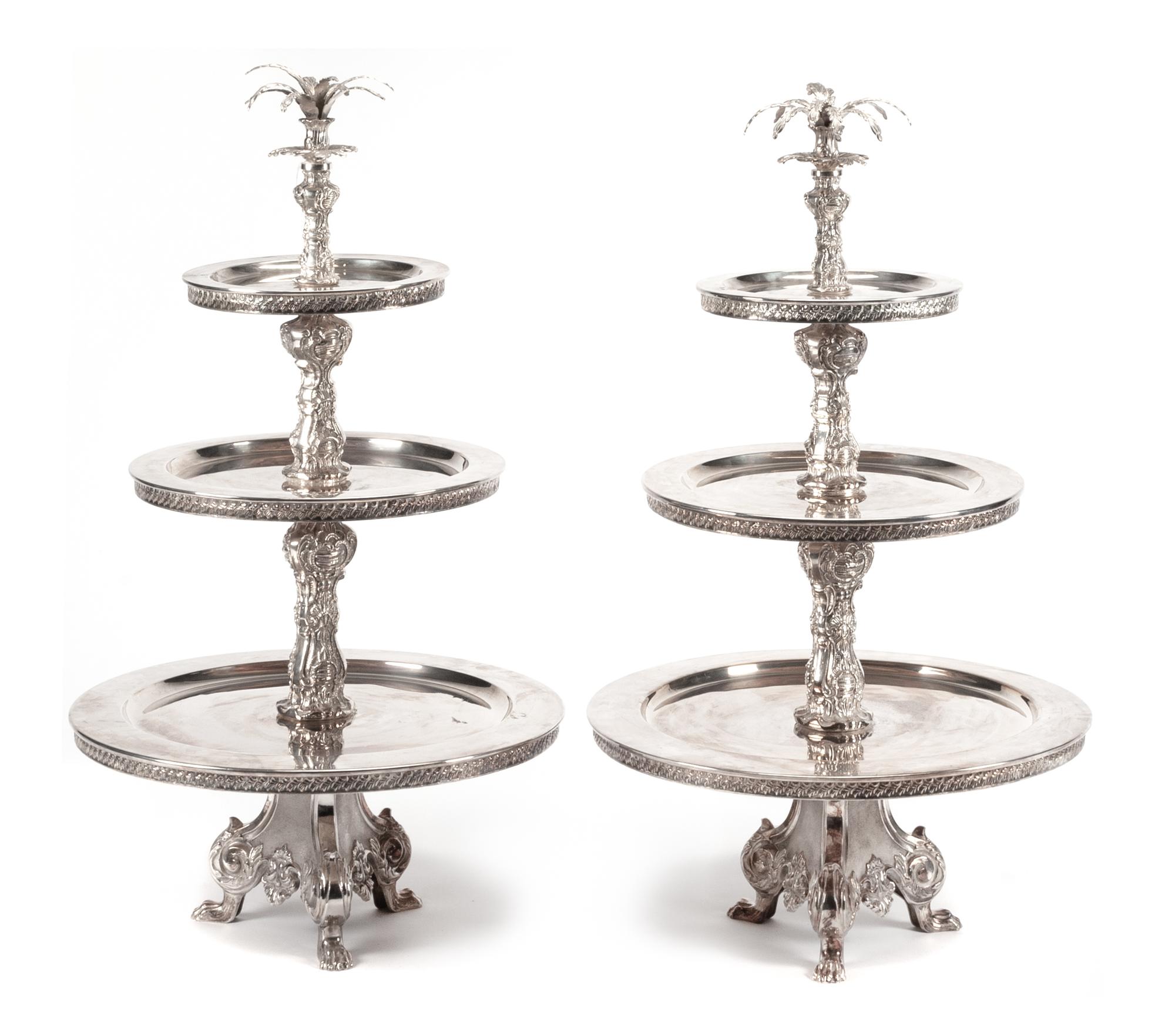 A Pair of Large Silver-Plate Pastry Stands, Likely Italian, 20th Century, each with three graduated circular tiers joined by a foliate