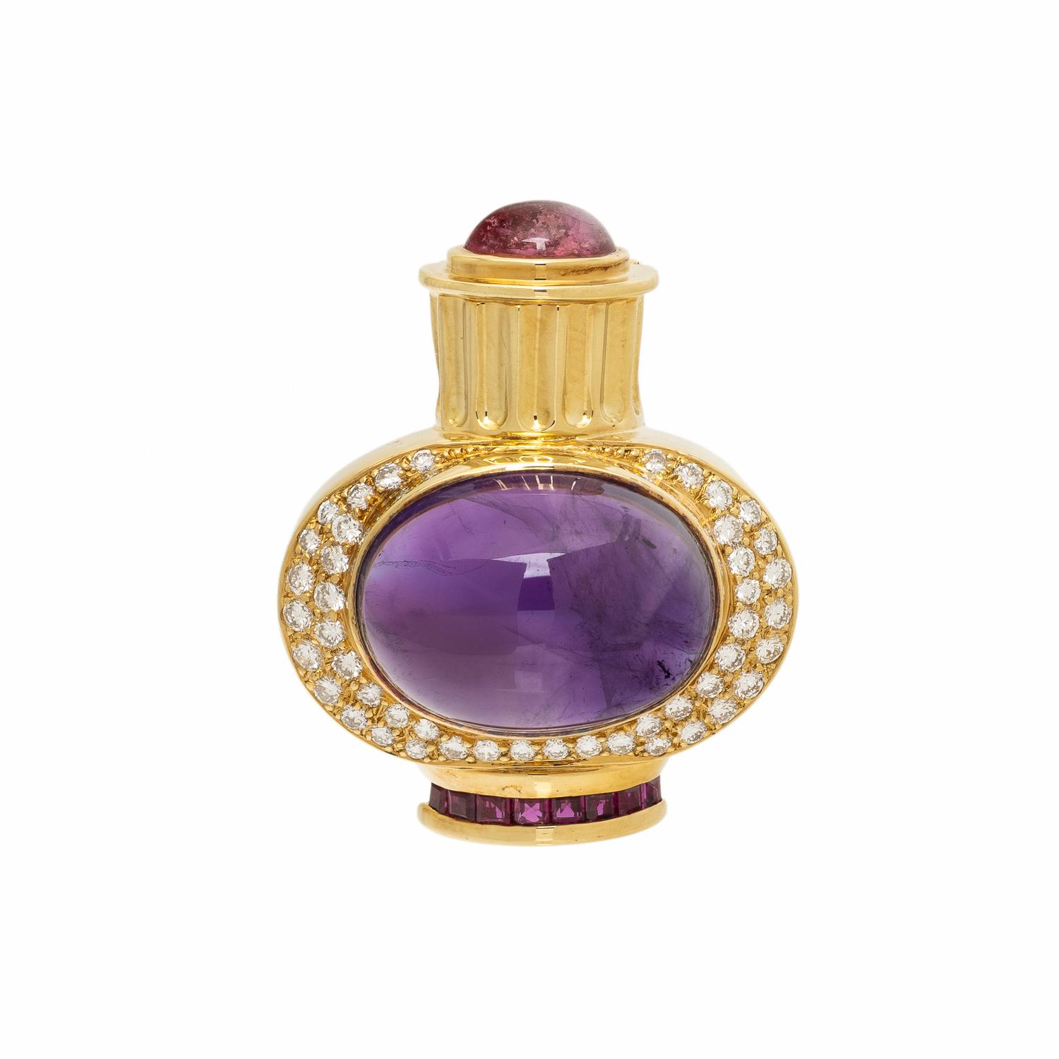 Lagos, Multigem, Diamond, and Yellow Gold Pendant Brooch with Unsigned Omega Necklace
