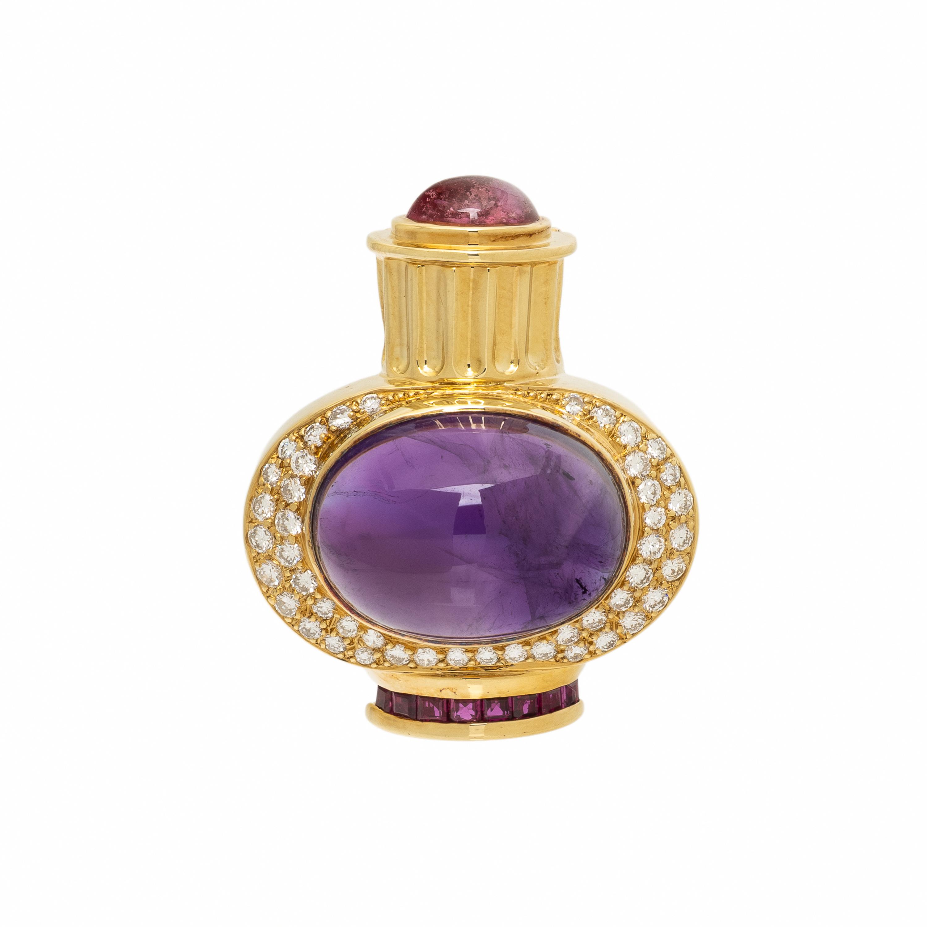 Lagos, Multigem, Diamond, and Yellow Gold Pendant Brooch with Unsigned Omega Necklace