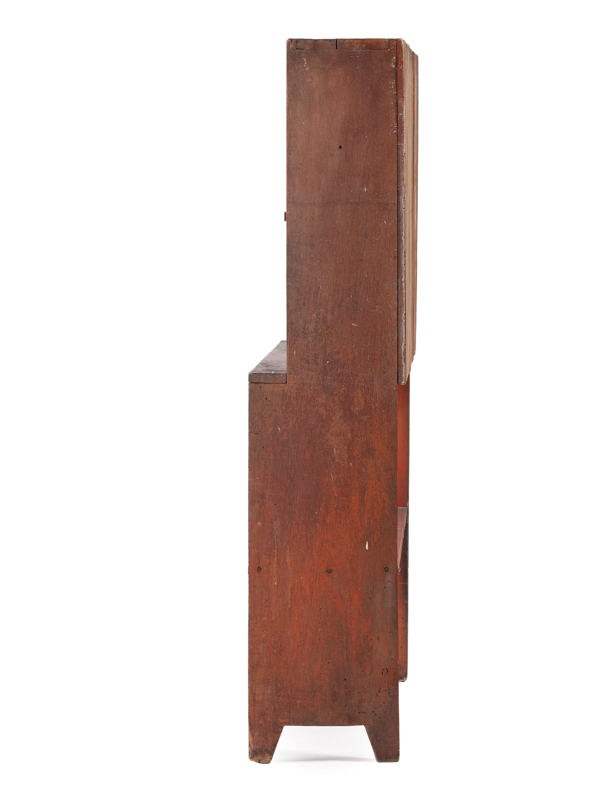 A Country Red Painted Cherrywood Four-Tier Bucket Shelf