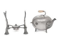A Curling Stone-Form Silver-Plate Teapot on Stand