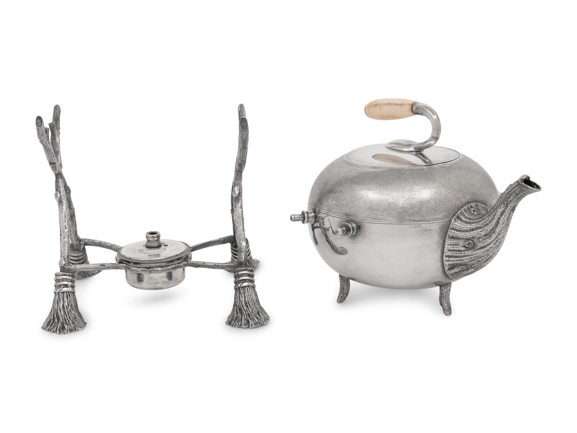 A Curling Stone-Form Silver-Plate Teapot on Stand