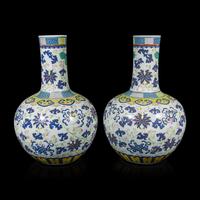 A Pair of Large Chinese Famille Rose Porcelain 'Bajixiang' Vases, Tianqiuping , Late 19th-Early 20th Century 清晚期 粉彩八吉祥大天球瓶一對