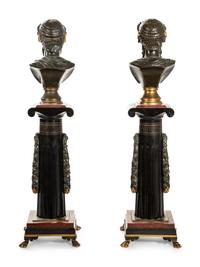 A Pair of French Bronze and Marble Busts by Pierre-Eugène-Émile Hébert (French, 1828-1893)