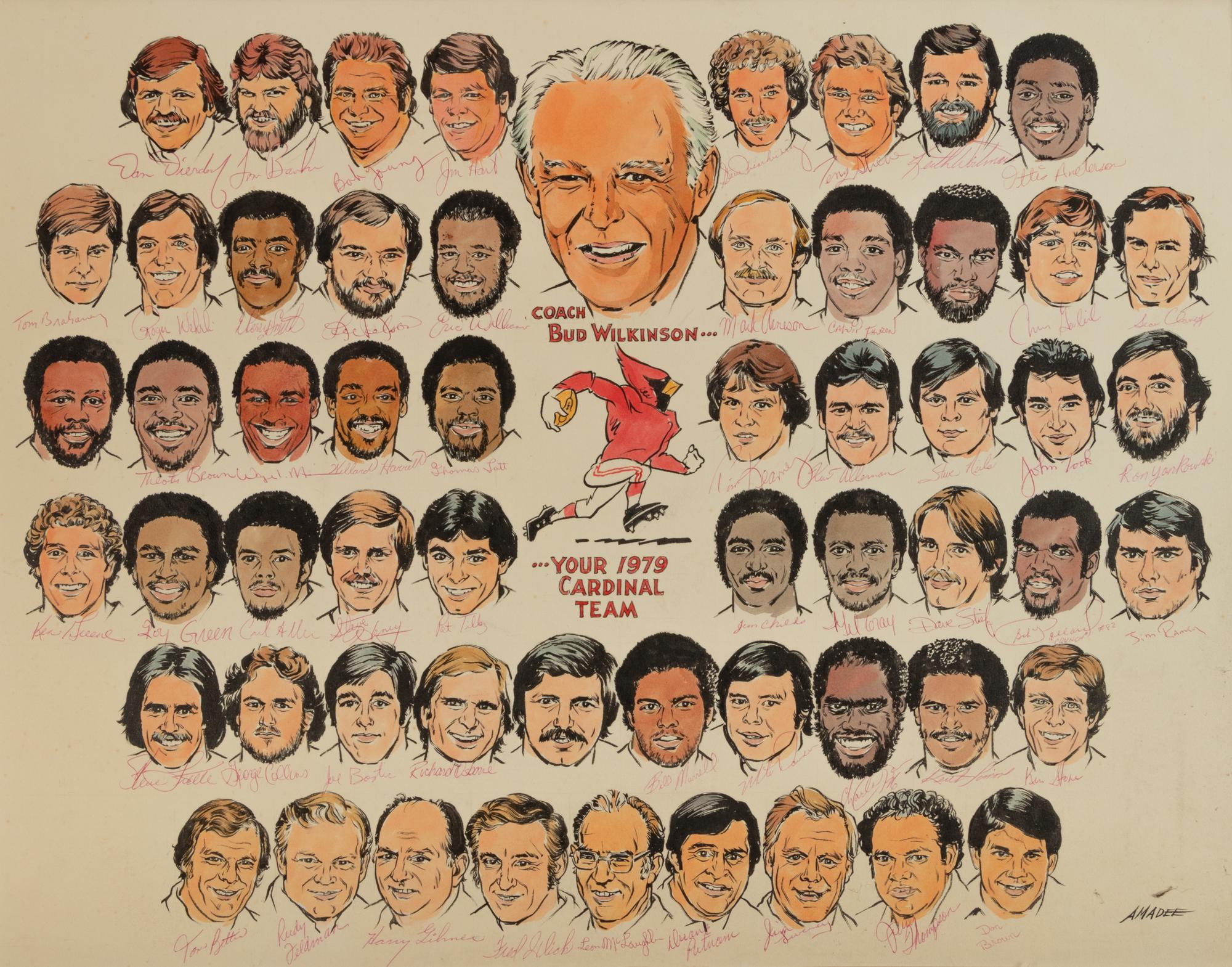 A 1979 Amadeee Wohlschlaeger Original St. Louis Cardinals Team Signed Autograph Artwork from The Collection of Hall of Fame Oklahoma Football Coach Bud Wilkinson