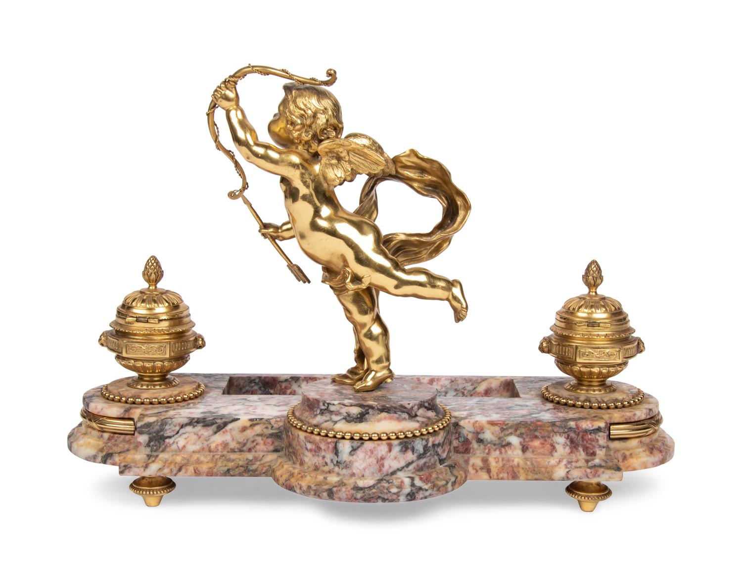 A French Gilt Bronze and Marble Encrier