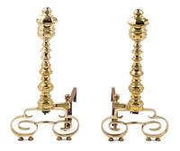 A Pair of Brass Andirons and an Associated Fender Height of andirons 22 1/4 inches. — 20TH CENTURY