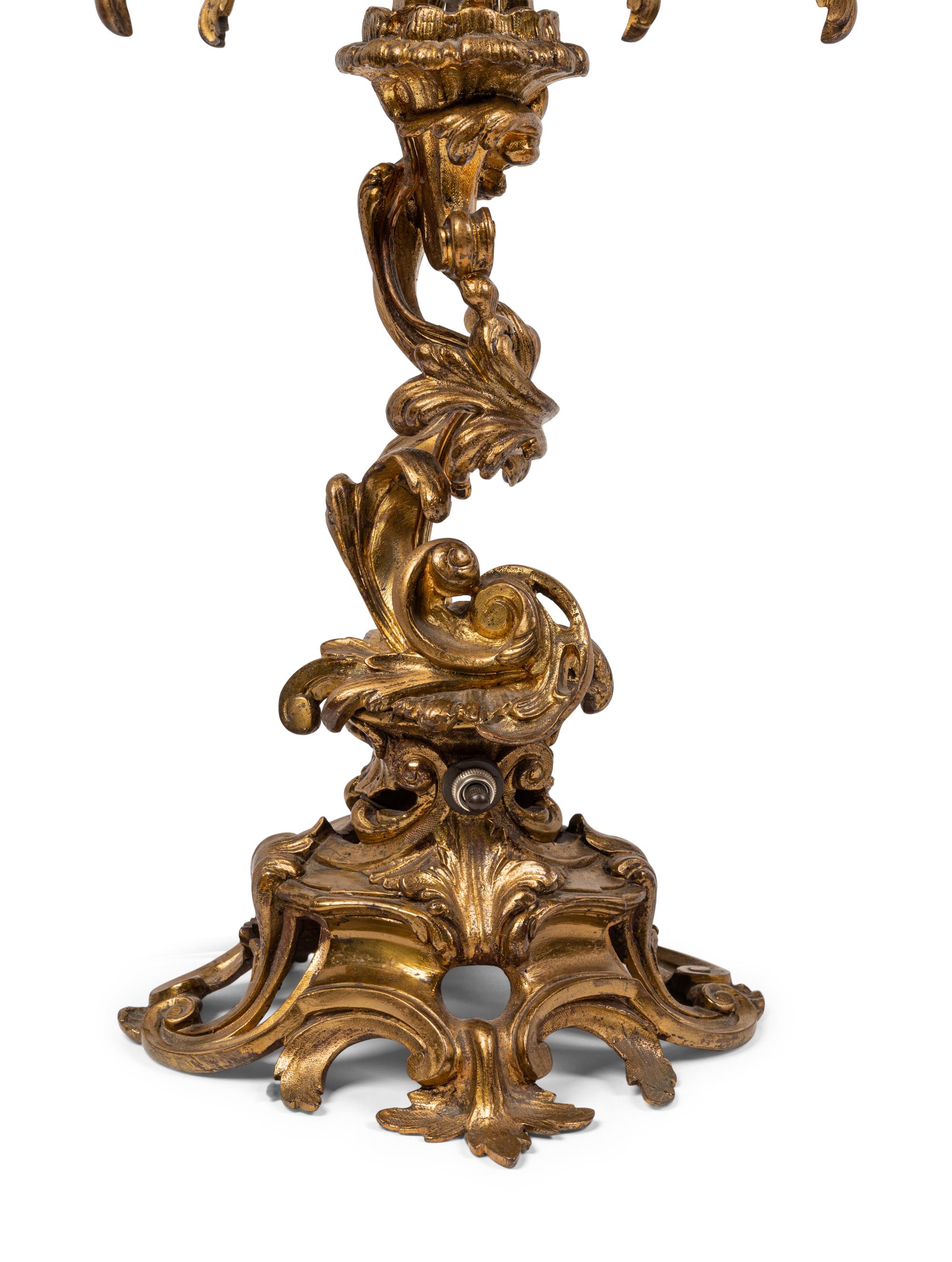 A Pair of Louis XV Style Gilt Bronze Six-Light Candelabra Mounted as Lamps