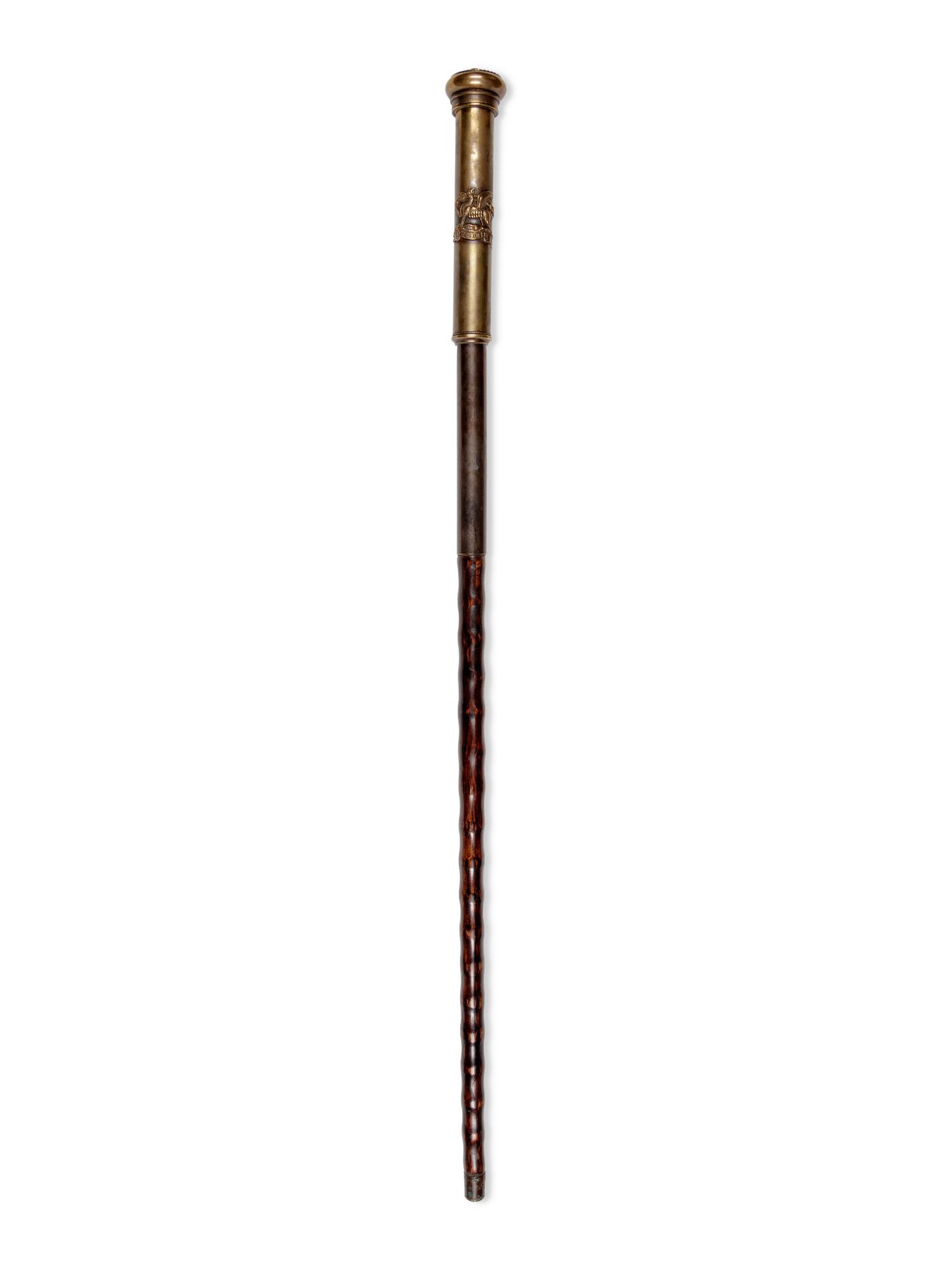 An English Silvered Metal Mounted Brass 'The Buffs' Regiment Dentist's Walking Stick