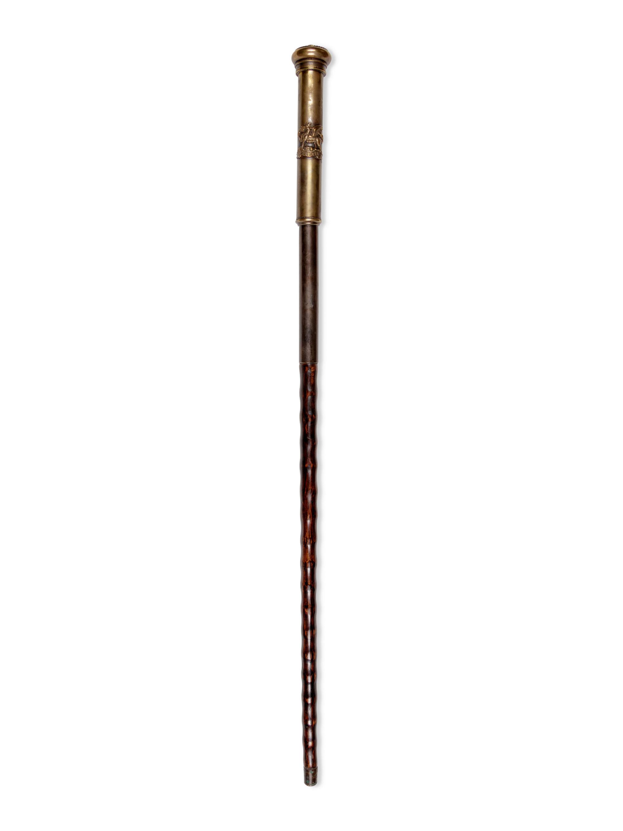 An English Silvered Metal Mounted Brass 'The Buffs' Regiment Dentist's Walking Stick