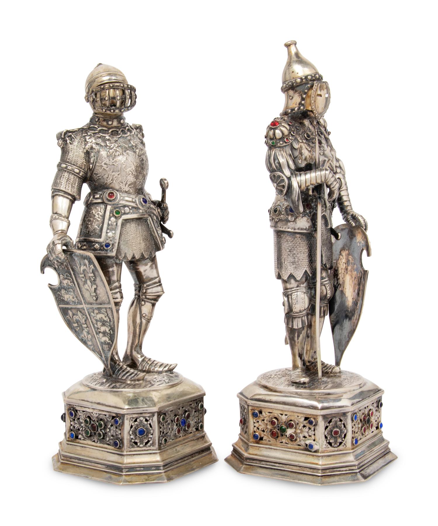 A Pair of German Silver and Jewel Inset Knight Figures