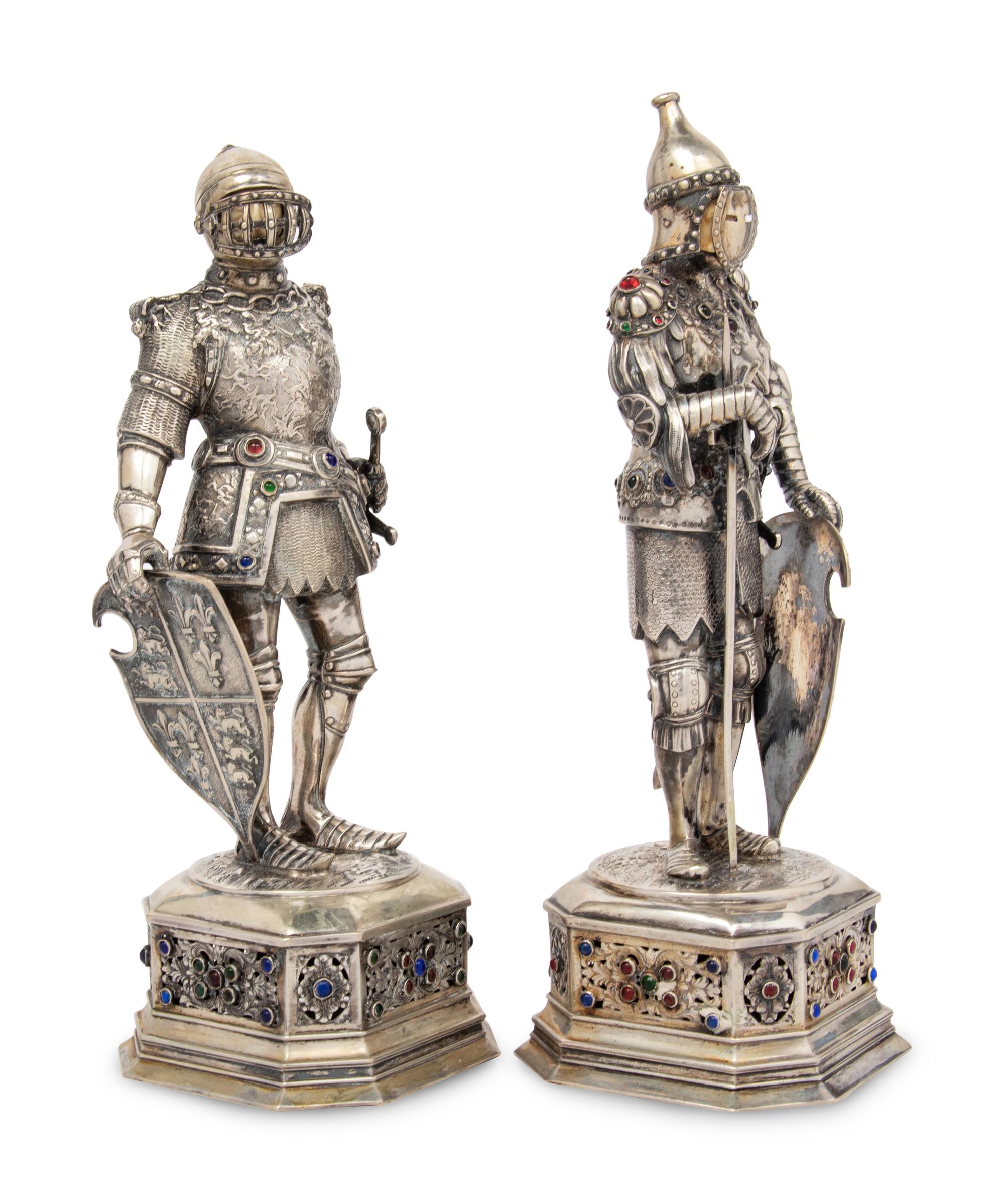 A Pair of German Silver and Jewel Inset Knight Figures