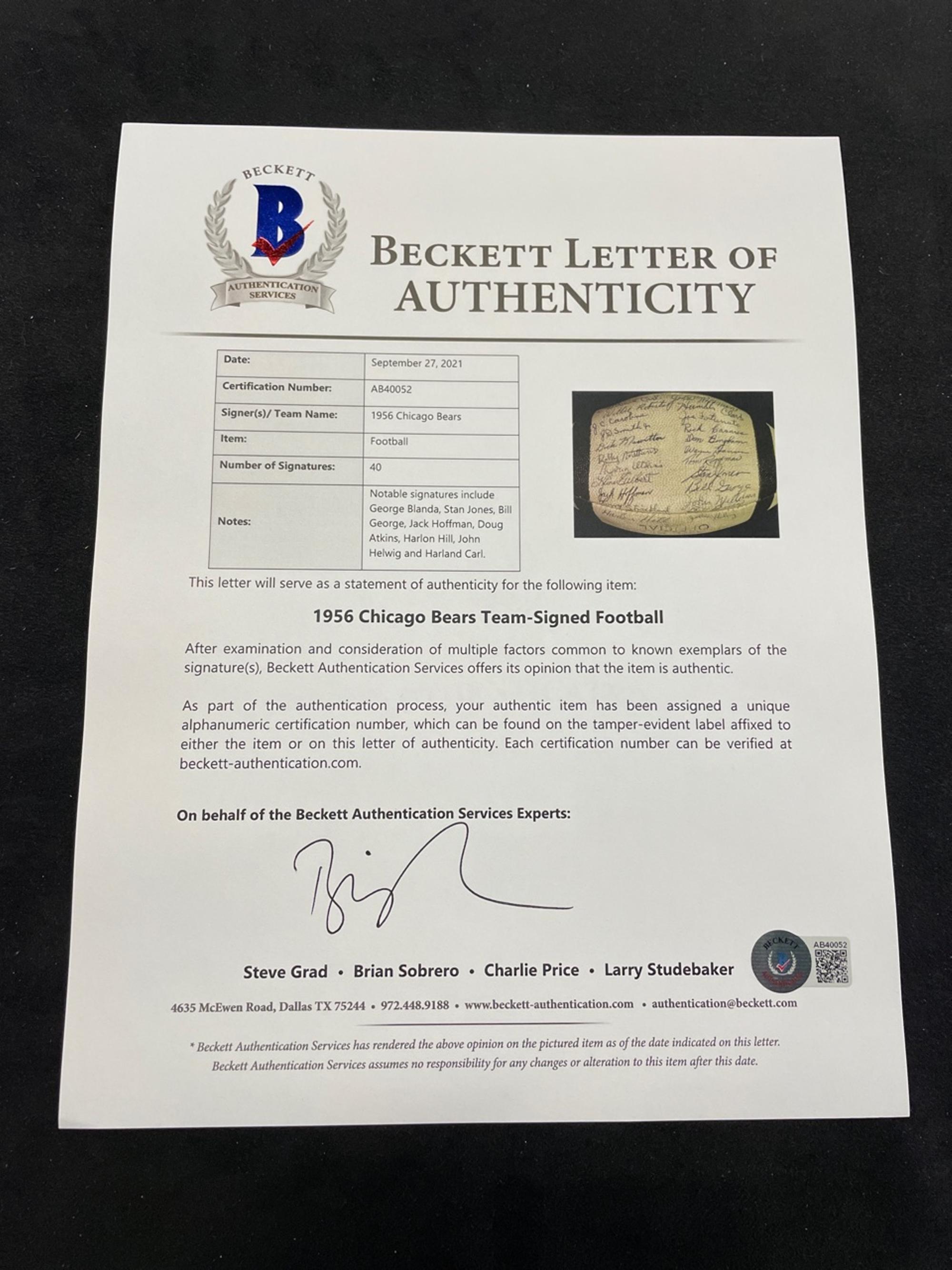 A 1956 Chicago Bears Team Signed Autograph Wilson Football With 40 Signatures, Including Four Hall of Famers (BAS Beckett Authentication Services Certified),