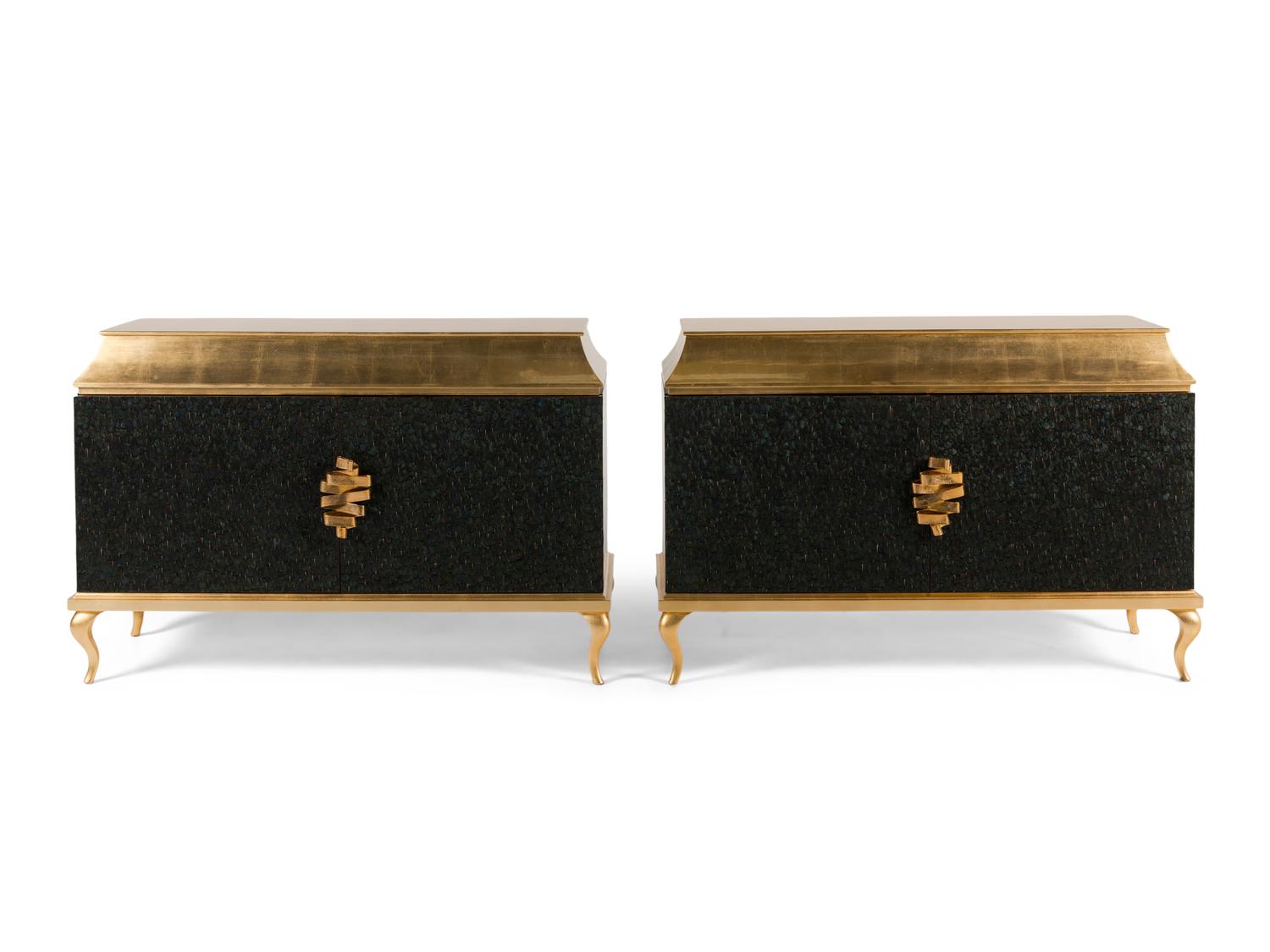 A Pair of Custom Koket Gilt Metal Mounted and Peacock Feather-Inset Giltwood Divine Cabinets