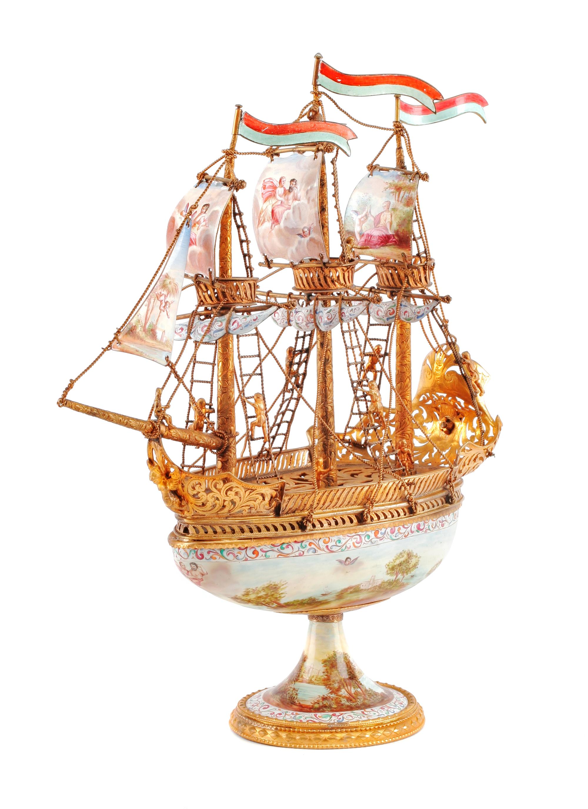 An Austrian Enameled Gilt Metal Model of a Ship, ,