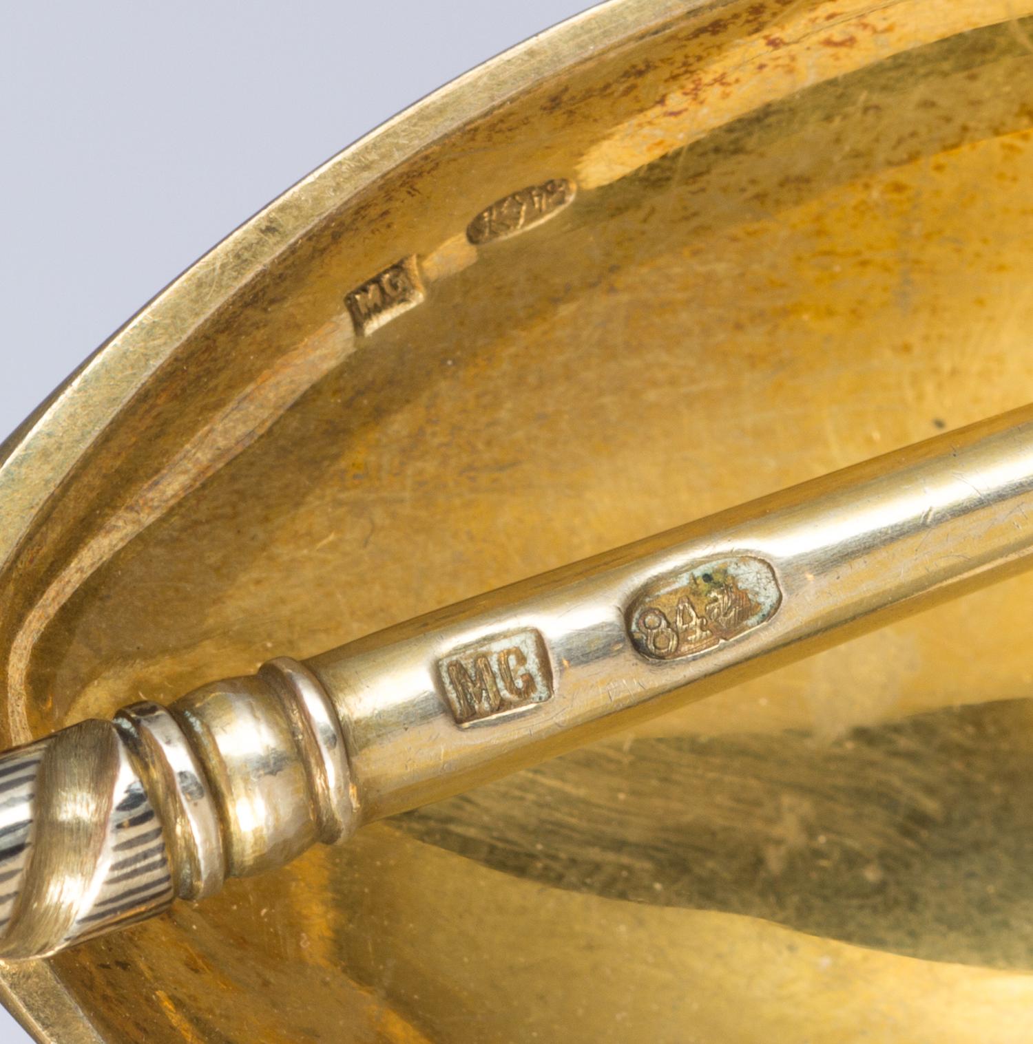 Two Russian Silver-Gilt and Niello Spoons, Mark likely of M.F. Sokolov, kokoshnik mark of Ivan Lebedkin, Moscow, late 19th century, eac