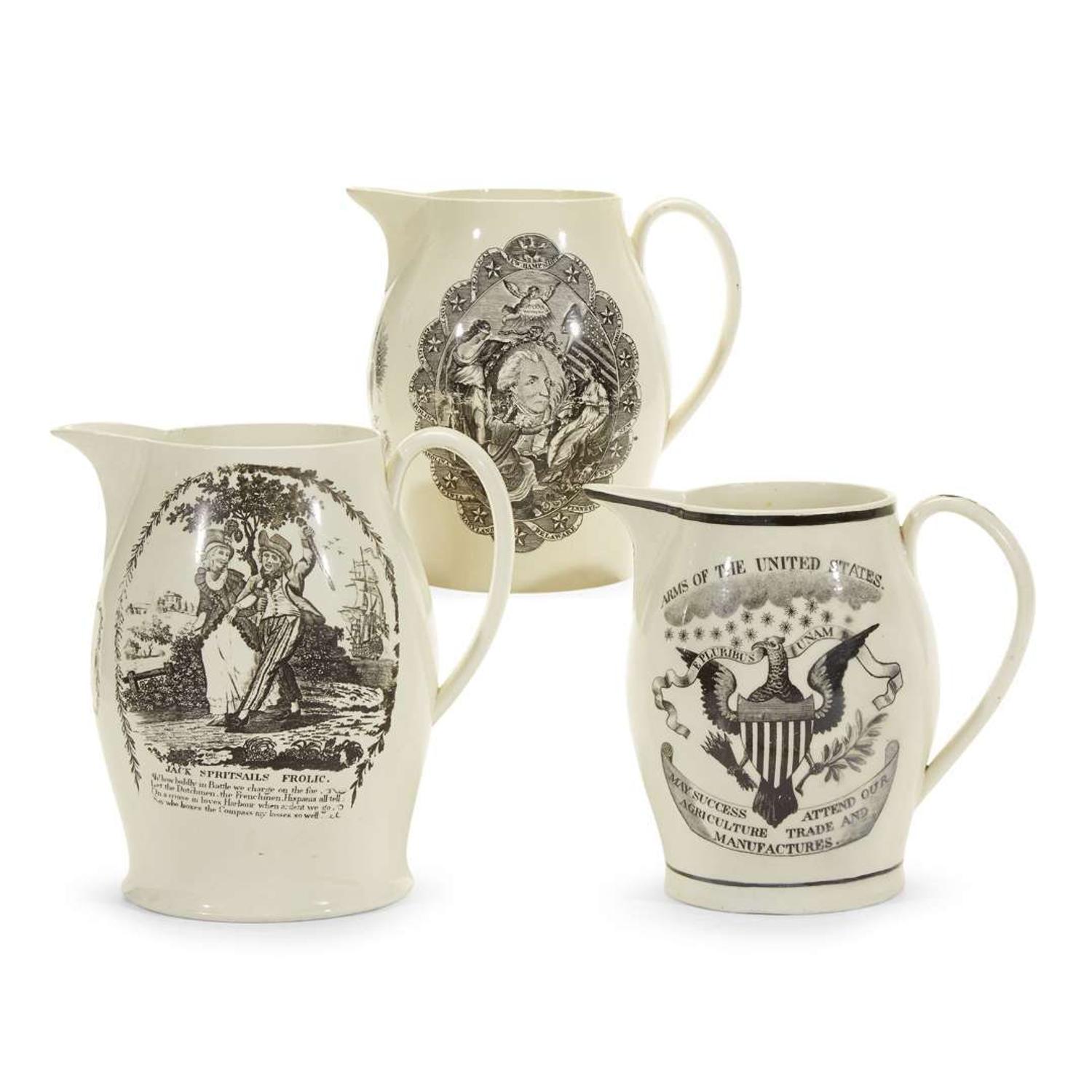Three transfer-decorated and enameled creamware presentation jugs Liverpool, England, circa 1800