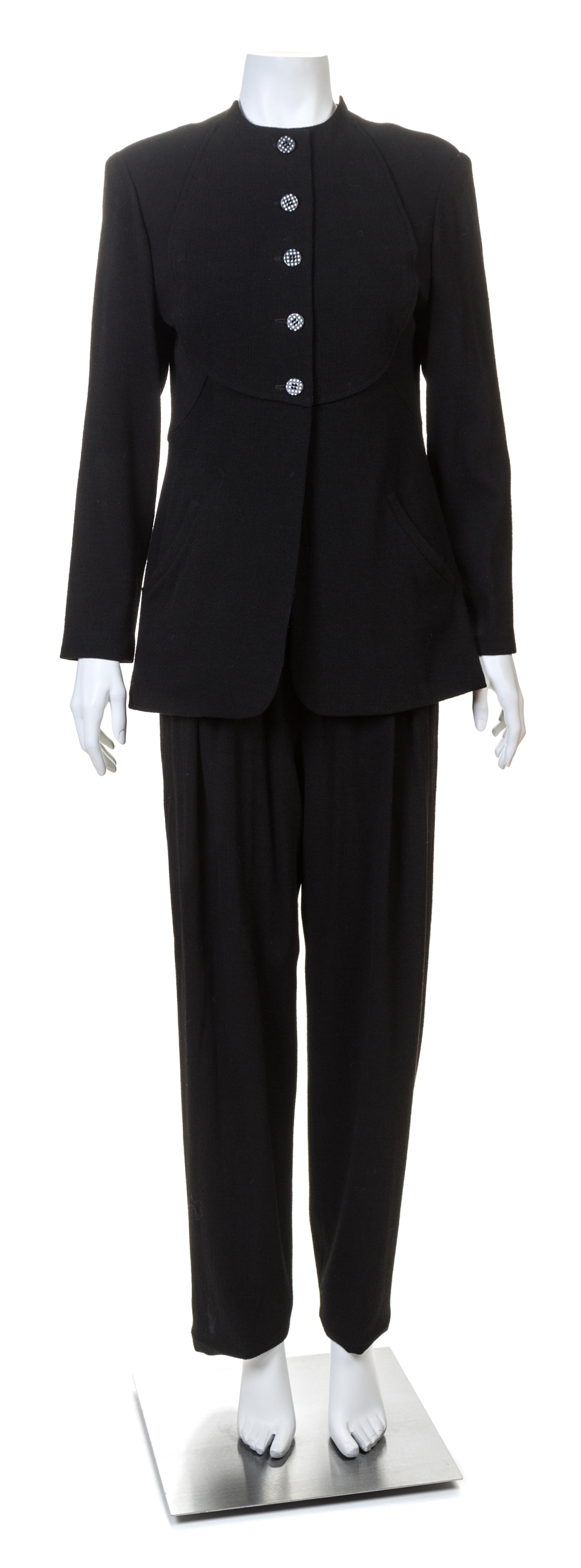 A Geoffrey Beene Black Jacket, Pant and Skirt Ensemble, Each size 8.