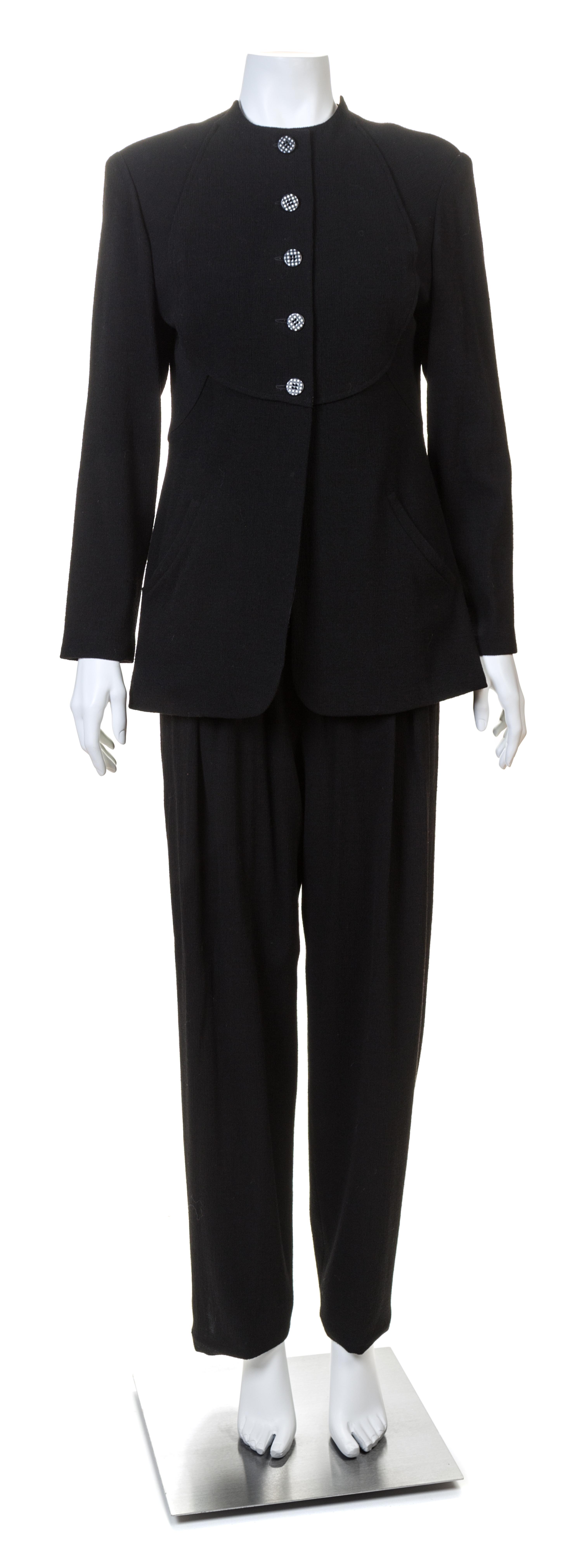 A Geoffrey Beene Black Jacket, Pant and Skirt Ensemble, Each size 8.
