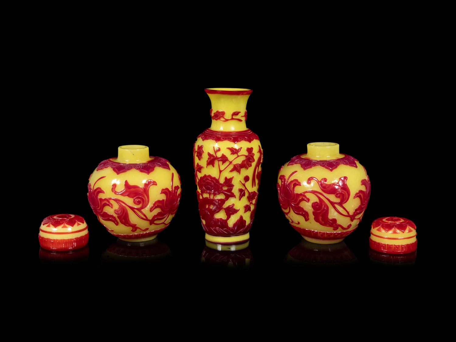 Three Chinese Red Overlay Yellow Glass Articles